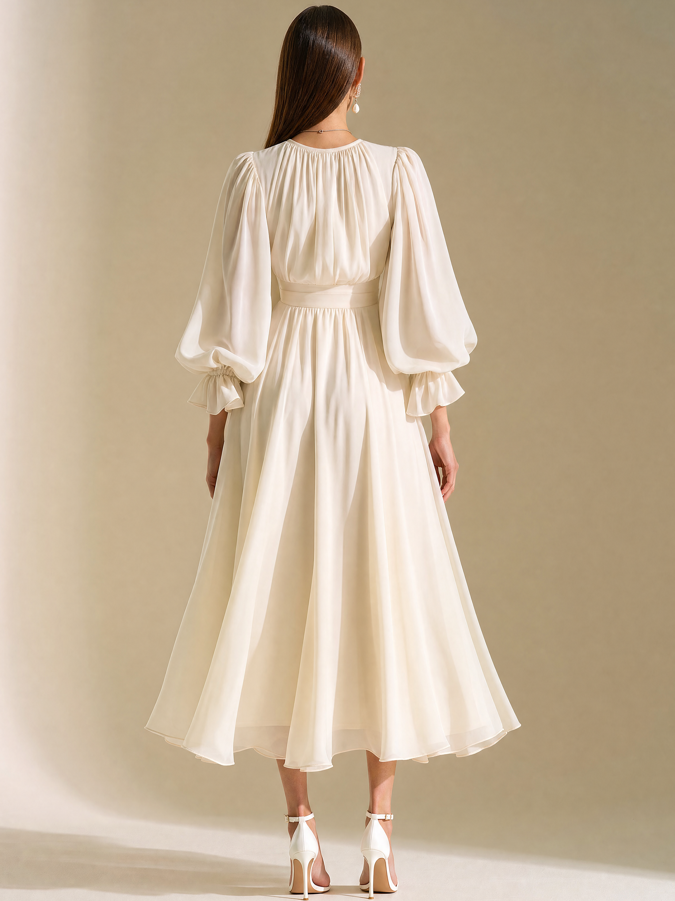 Elegant White Chiffon Waterdrop Neck Long Sleeve Midi Dress