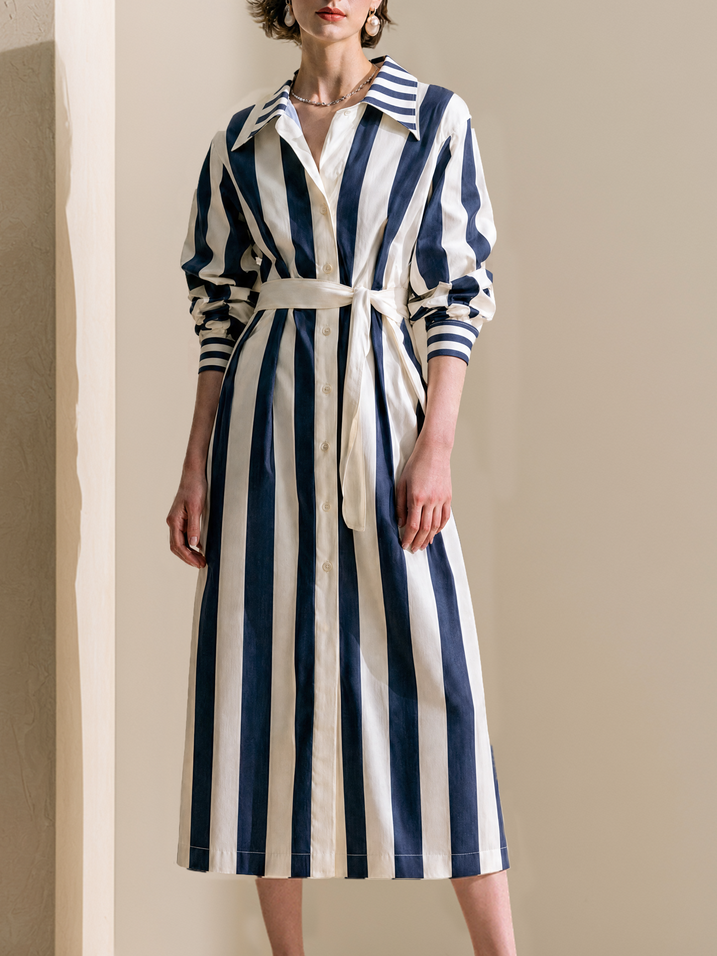 Elegant Navy & White Striped Belted Shirt Midi Dress