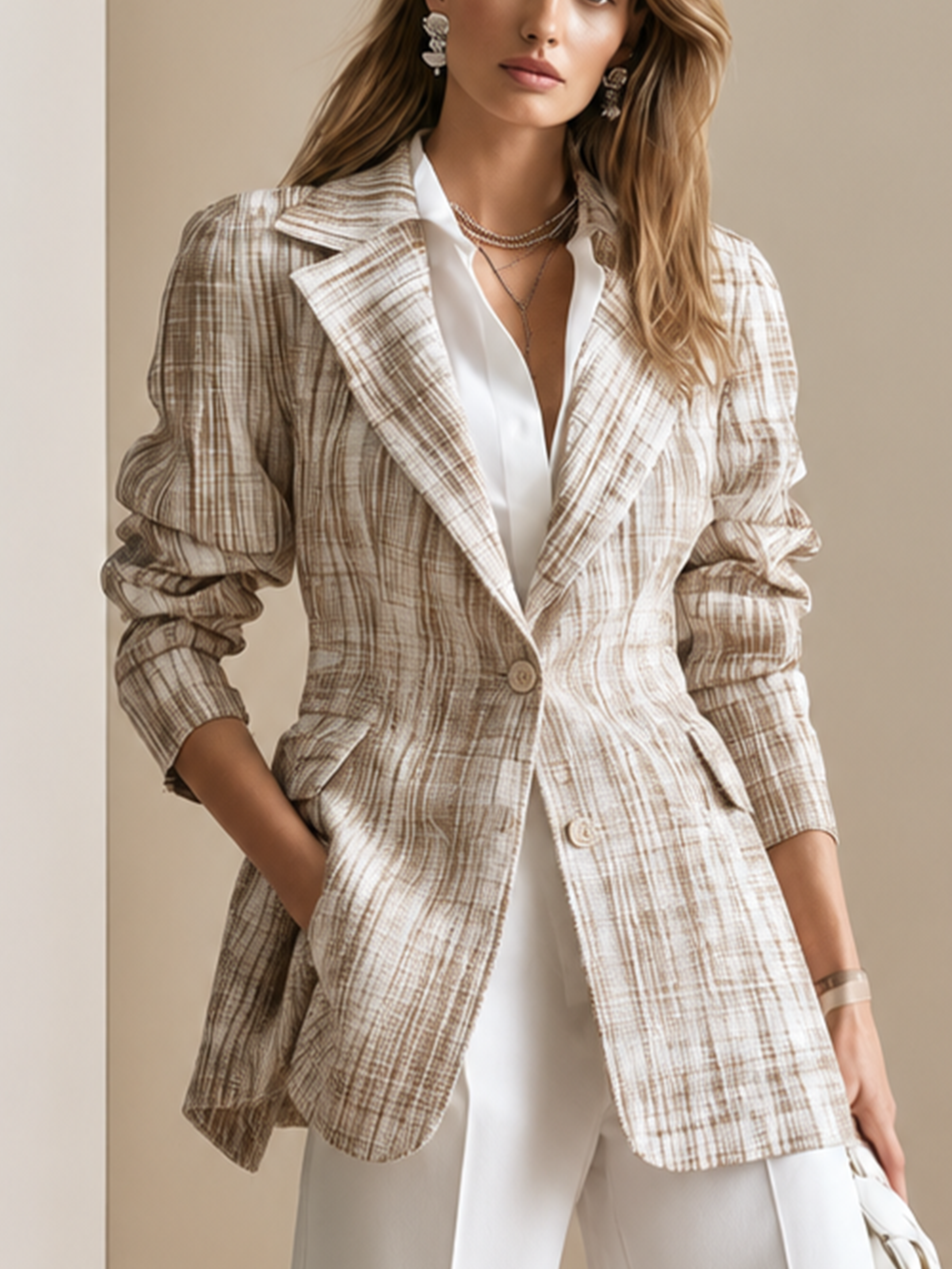 Elegant Beige Grey Textured Tailored Blazer Jacket