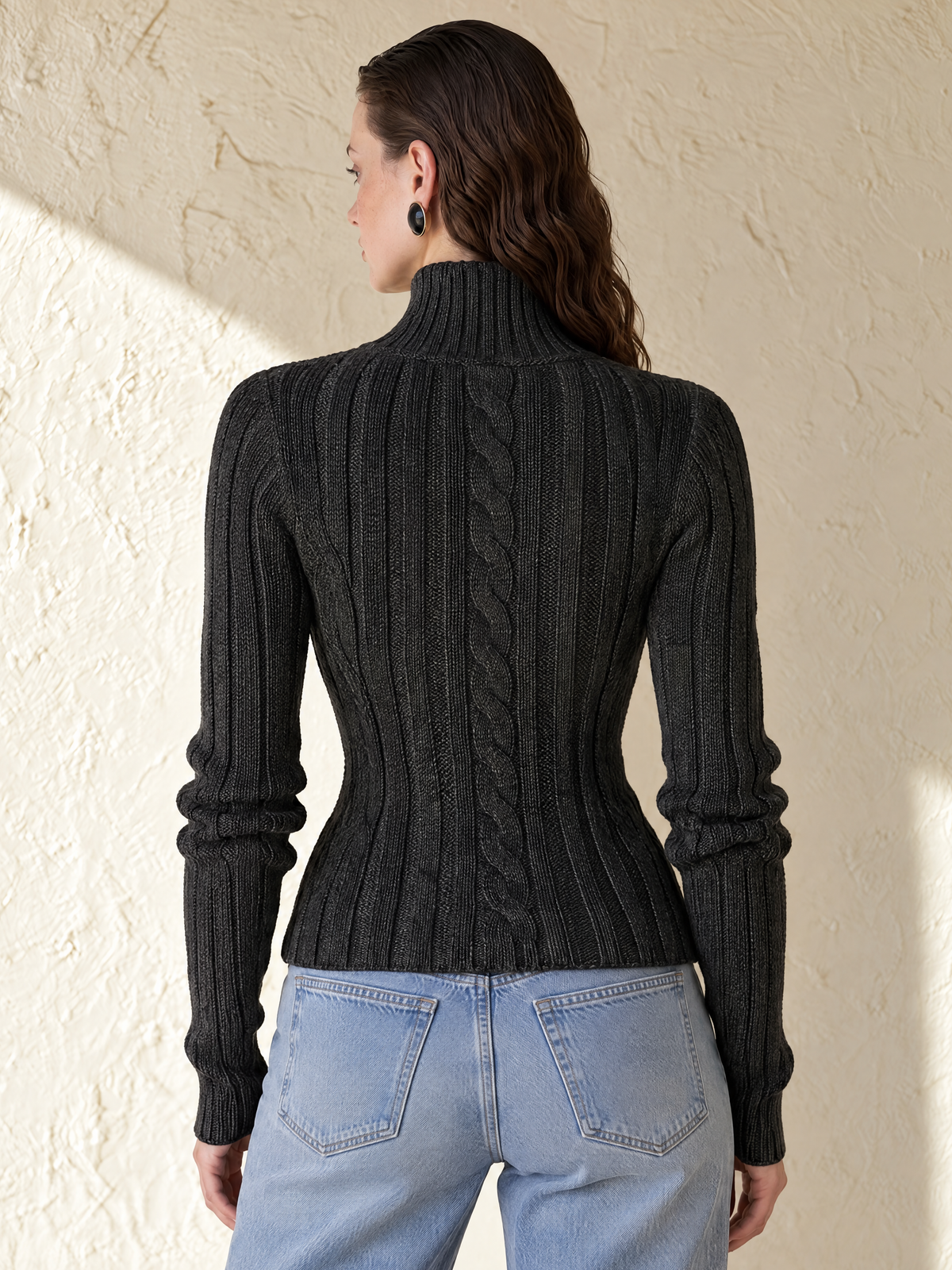 Charcoal Gray Cutout High-Neck Cable Knit Wool Sweater
