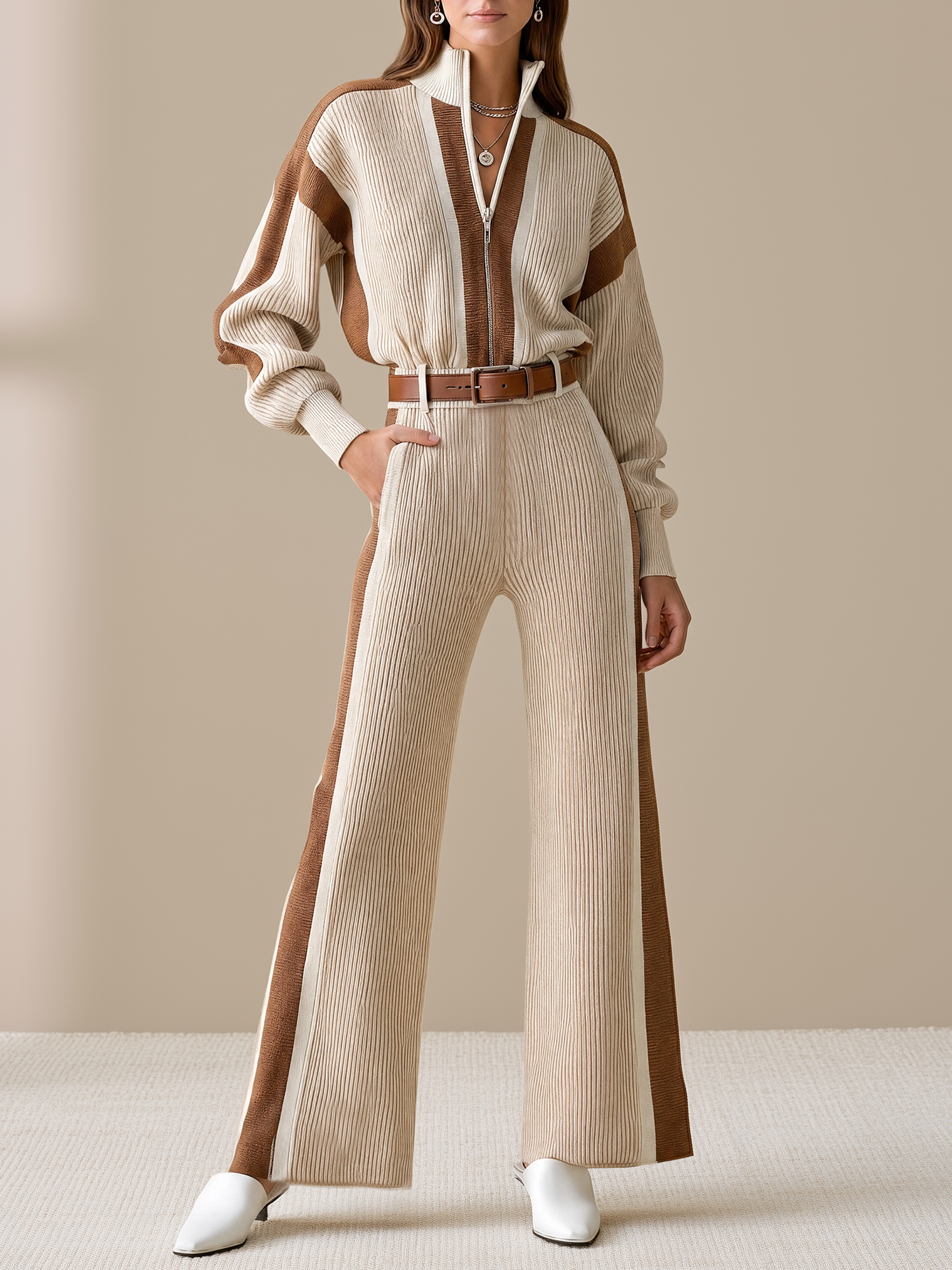 Elegant Ivory & Brown Contrast Trim Ribbed Knit Jumpsuit
