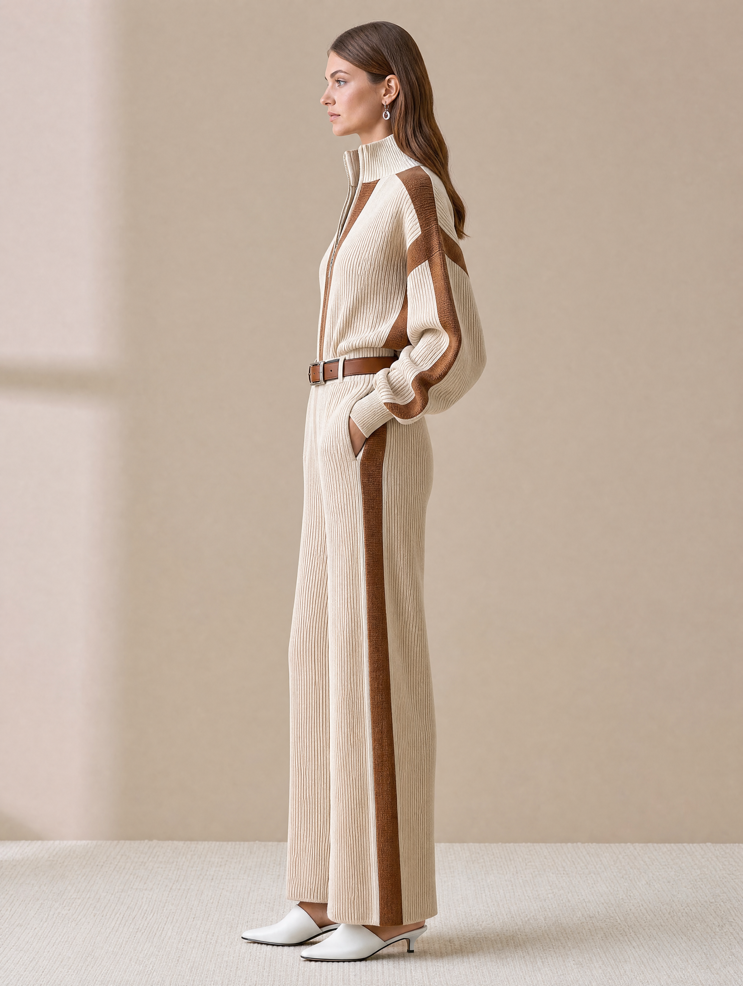 Elegant Ivory & Brown Contrast Trim Ribbed Knit Jumpsuit