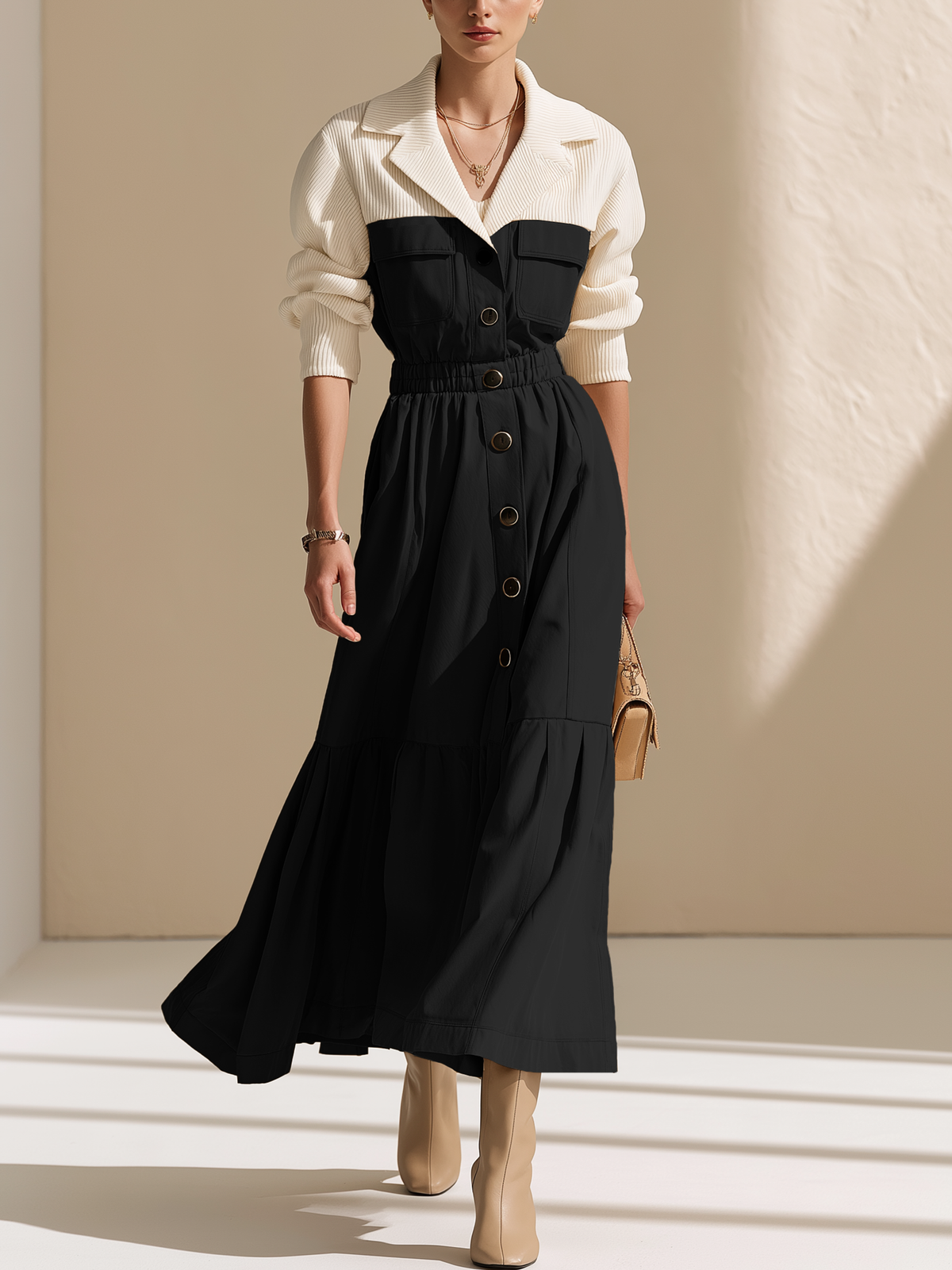 Cream Knit Contrast Black Utility Faux‑Two‑Piece Waisted Maxi Dress