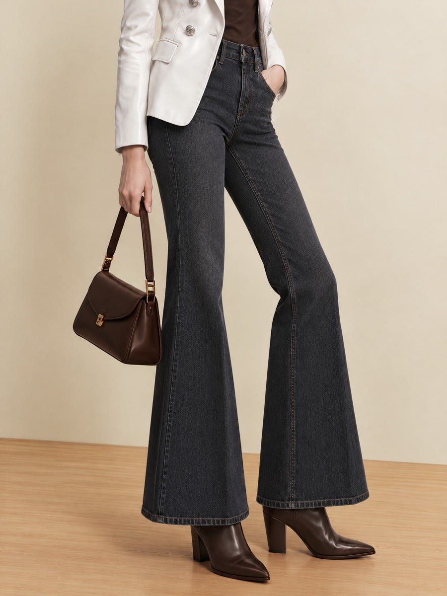 Dark Charcoal High Waist Flared Denim Trousers