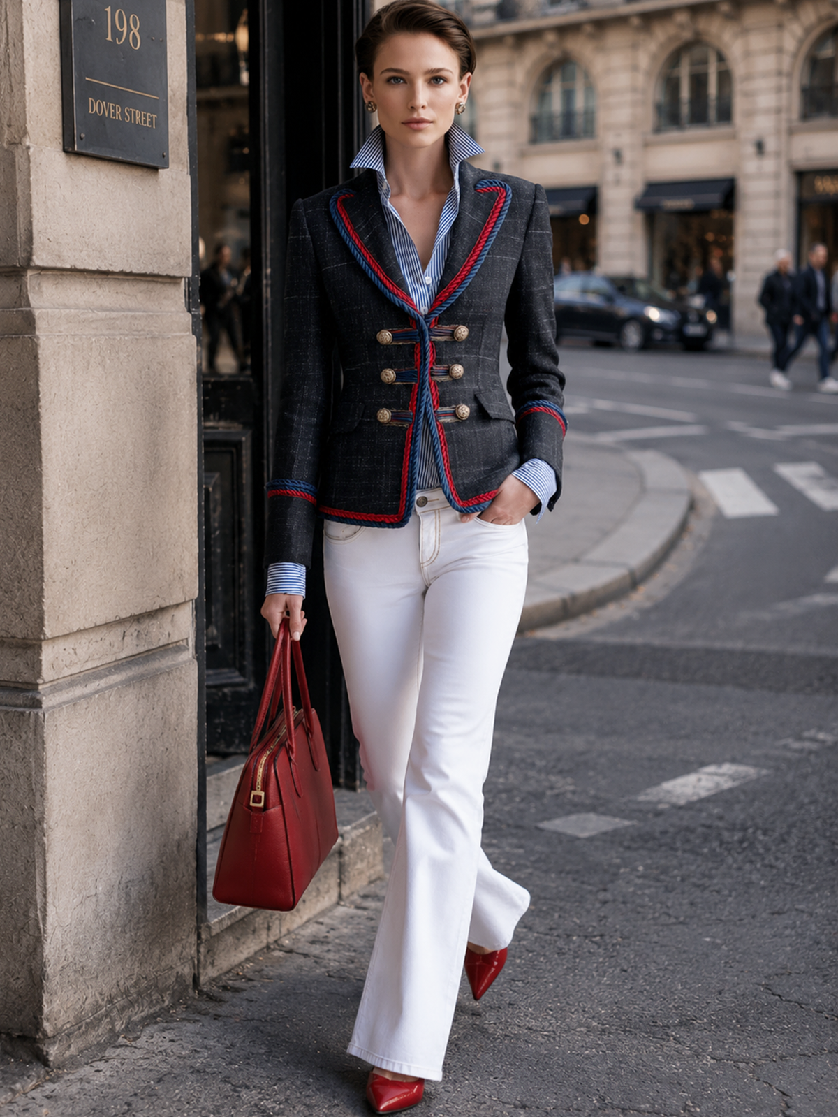 Black Tweed Trim‑Edged Waist‑Defined Short Blazer