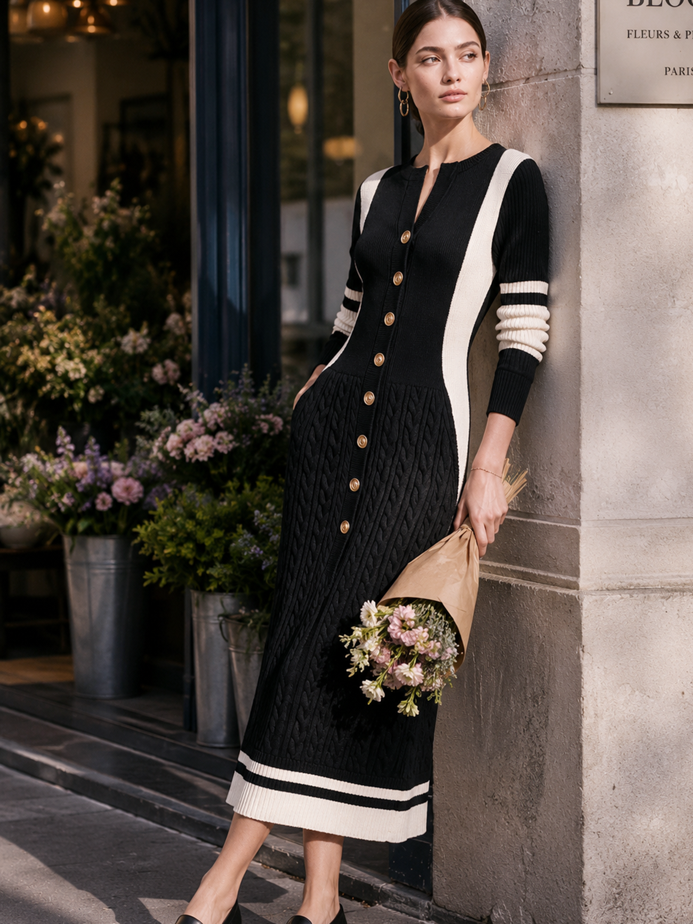 Black‑White Contrast Cable‑Knit Button‑Front Midi Knit Dress