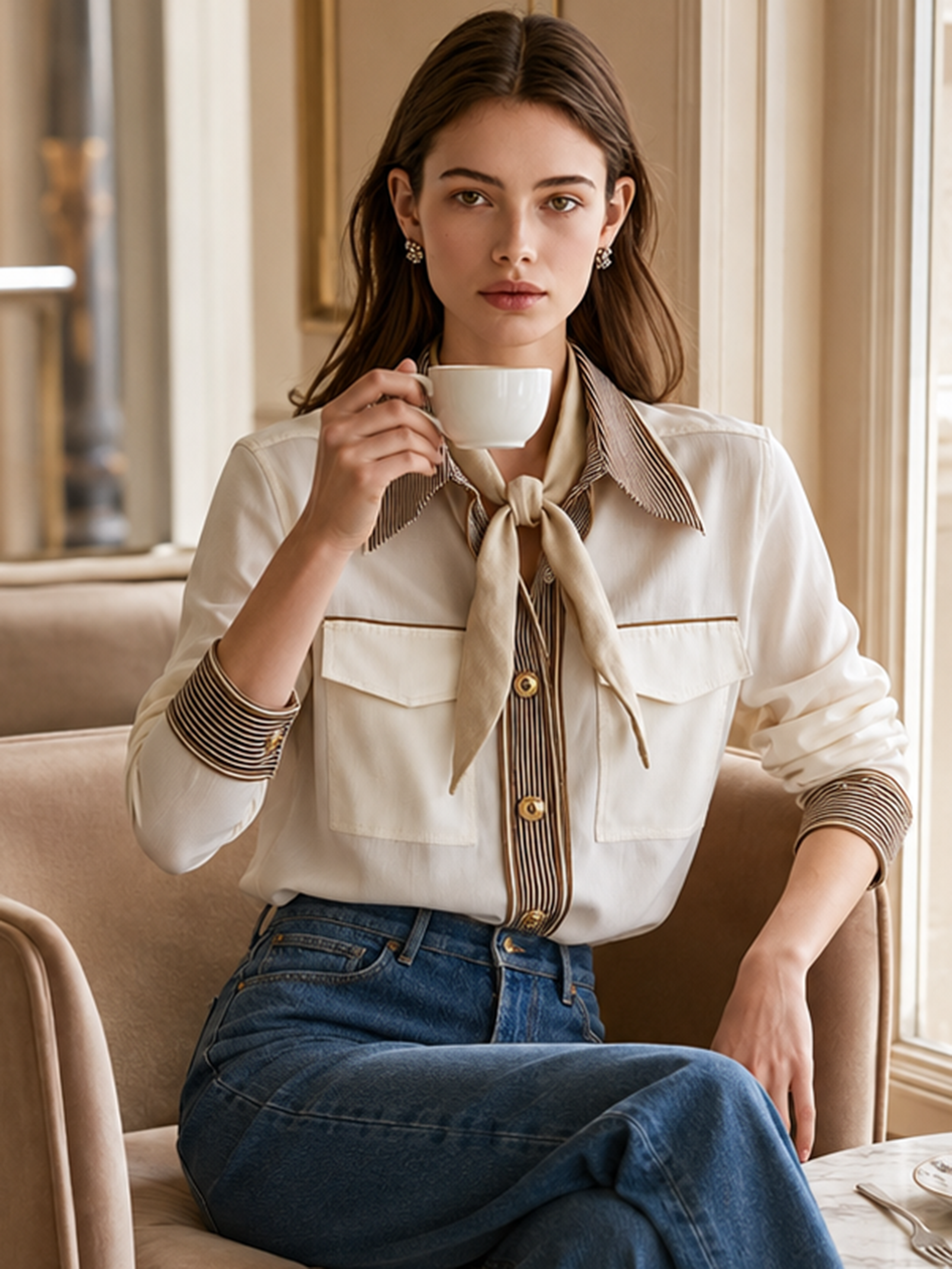 Cream Contrast Stripe Collar Long‑Sleeve Blouse