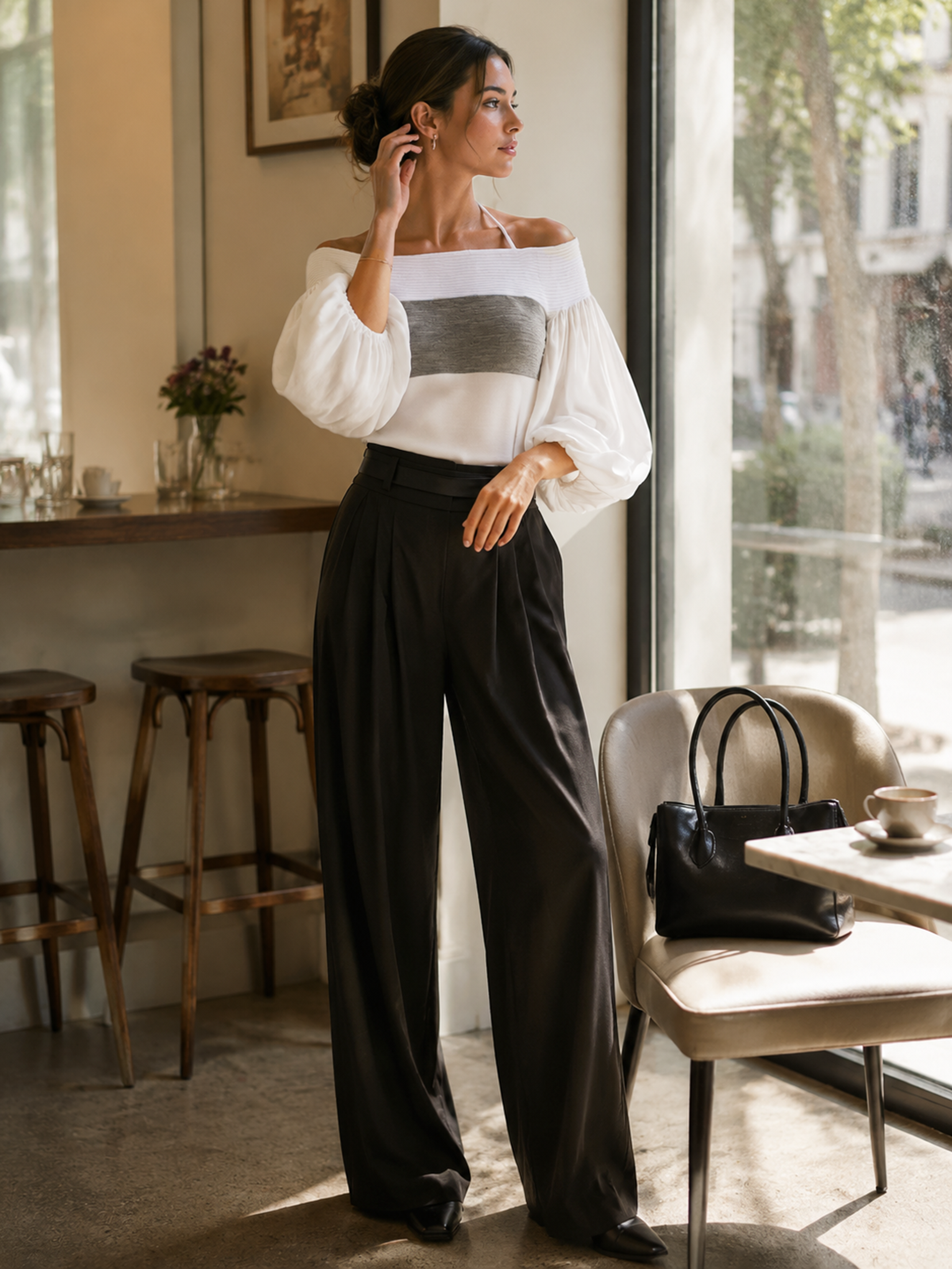 Elegant Knit Color Block Off Shoulder Top & Black Wide Leg Pants Set