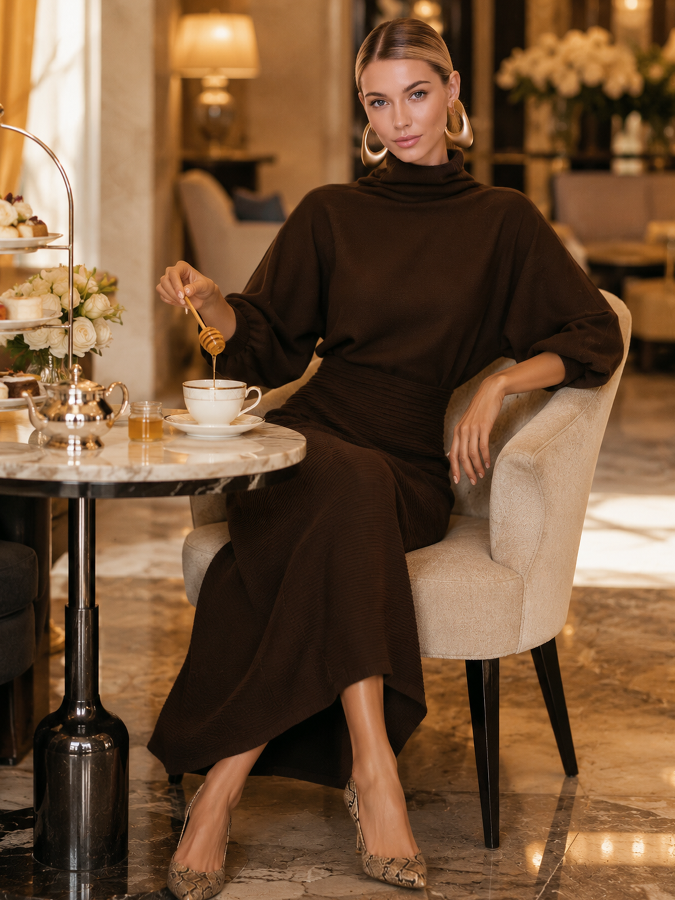 Elegant Chocolate Turtleneck Mesh Panel Knit Midi Dress