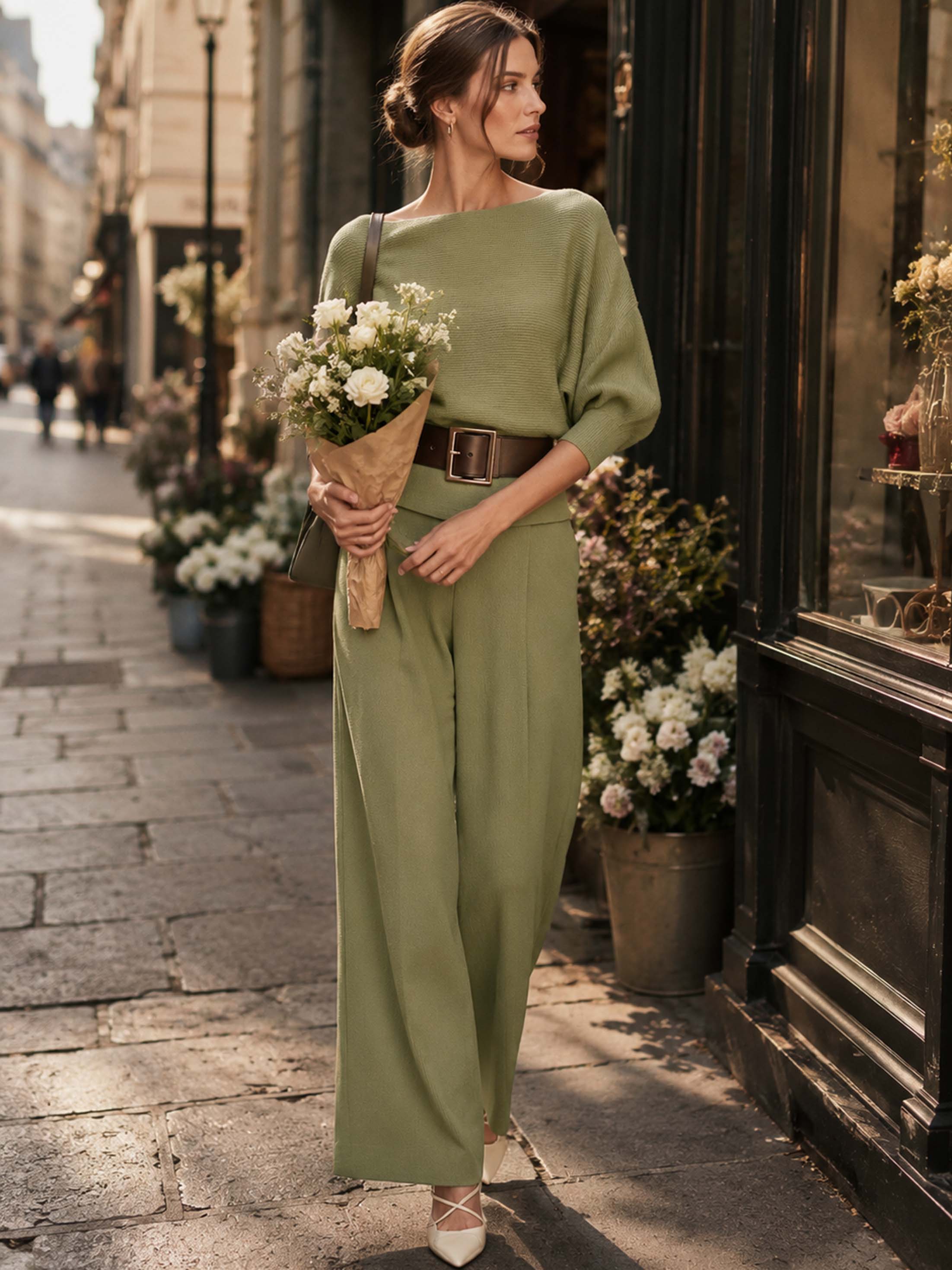 Elegant Draped Knit Olive Boat Neck Batwing Sleeve Wide‑Leg Pant Set
