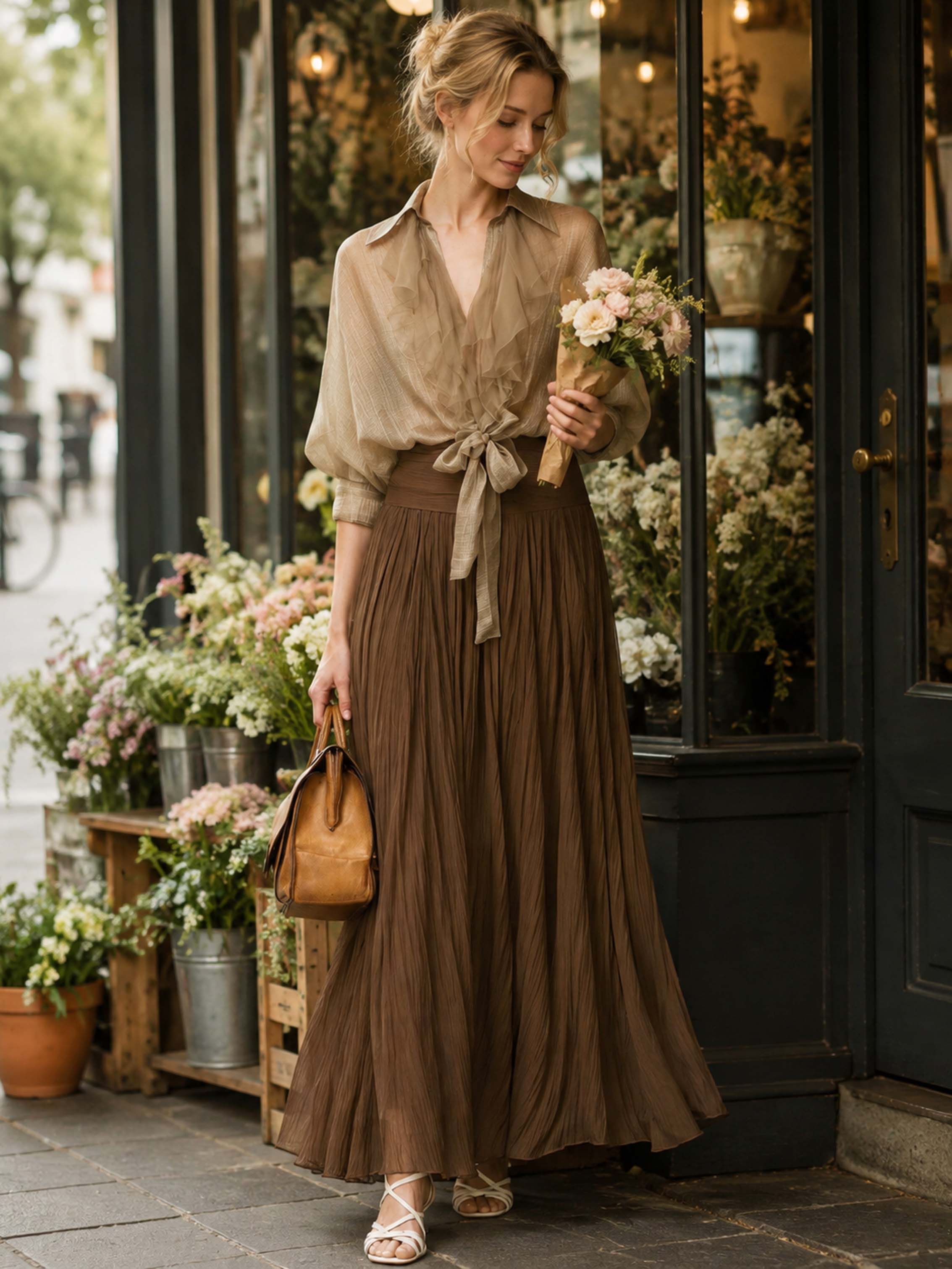 Elegant Beige Ruffle Tie Top Brown Crinkle Maxi Skirt Two-Piece Set
