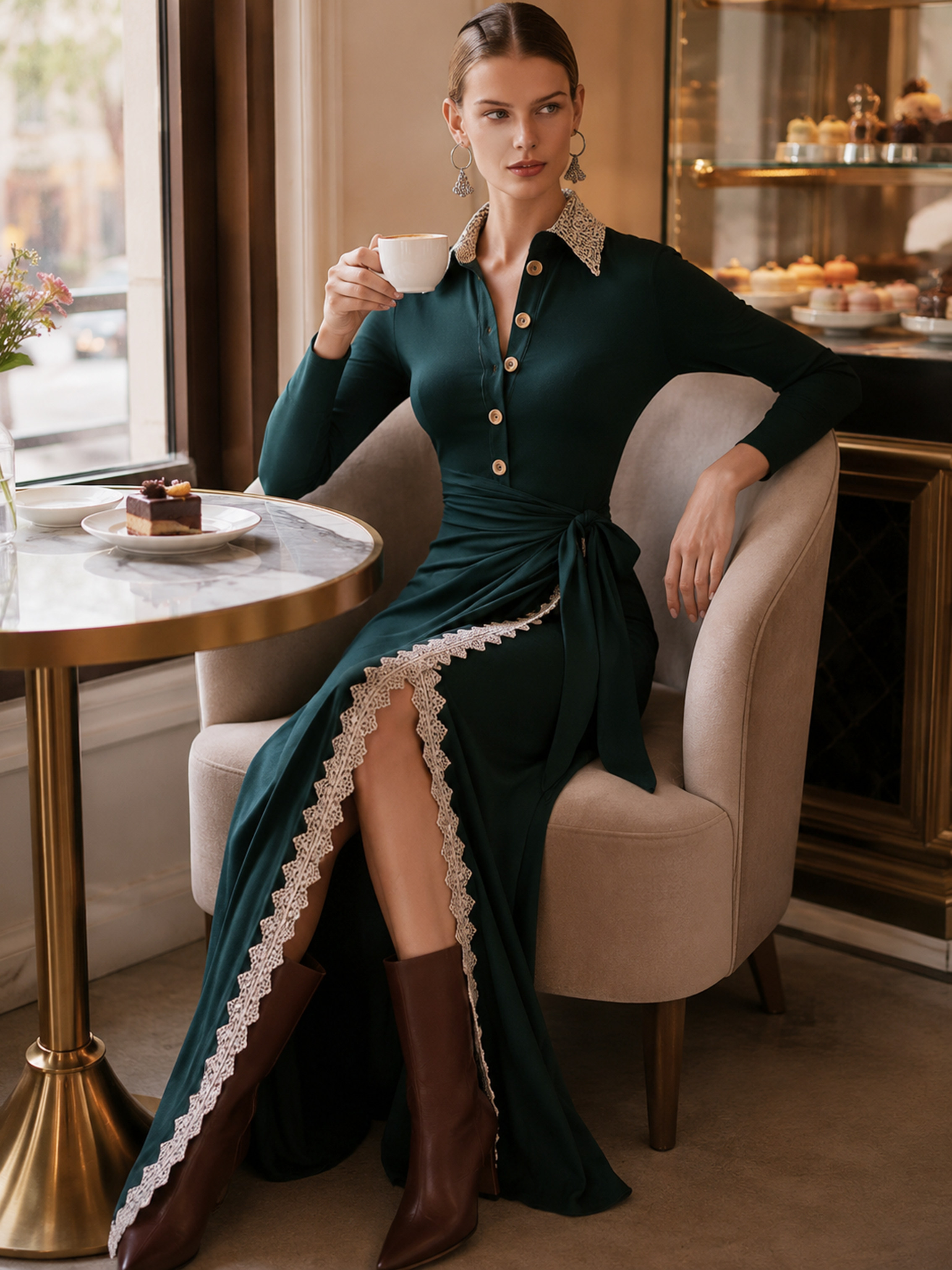 Dark Green Lace Collar Wrap Tie Slit Mermaid Maxi Dress