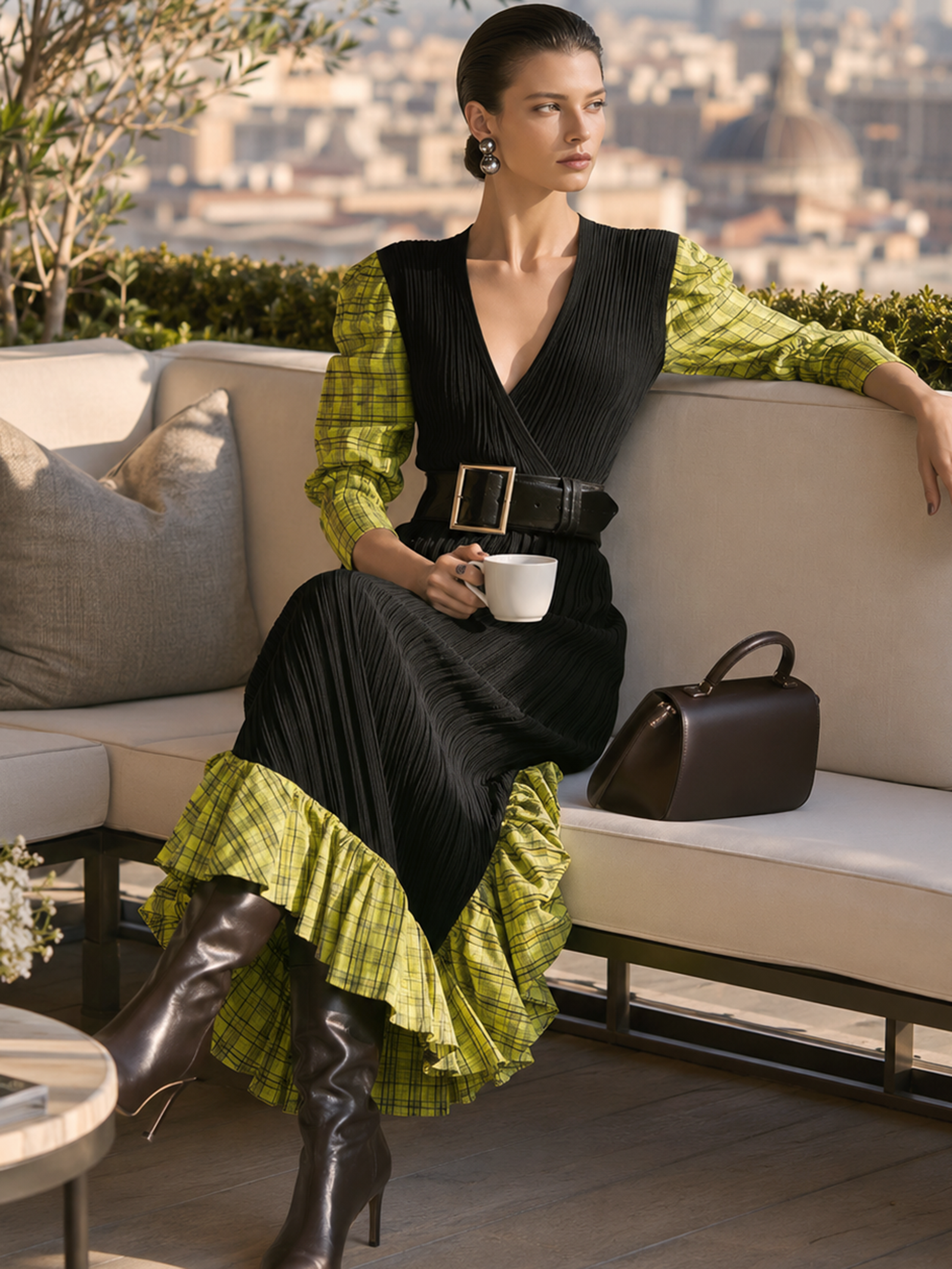 Black Rib Plaid Spliced Square‑Buckle Belt Fitted Dress