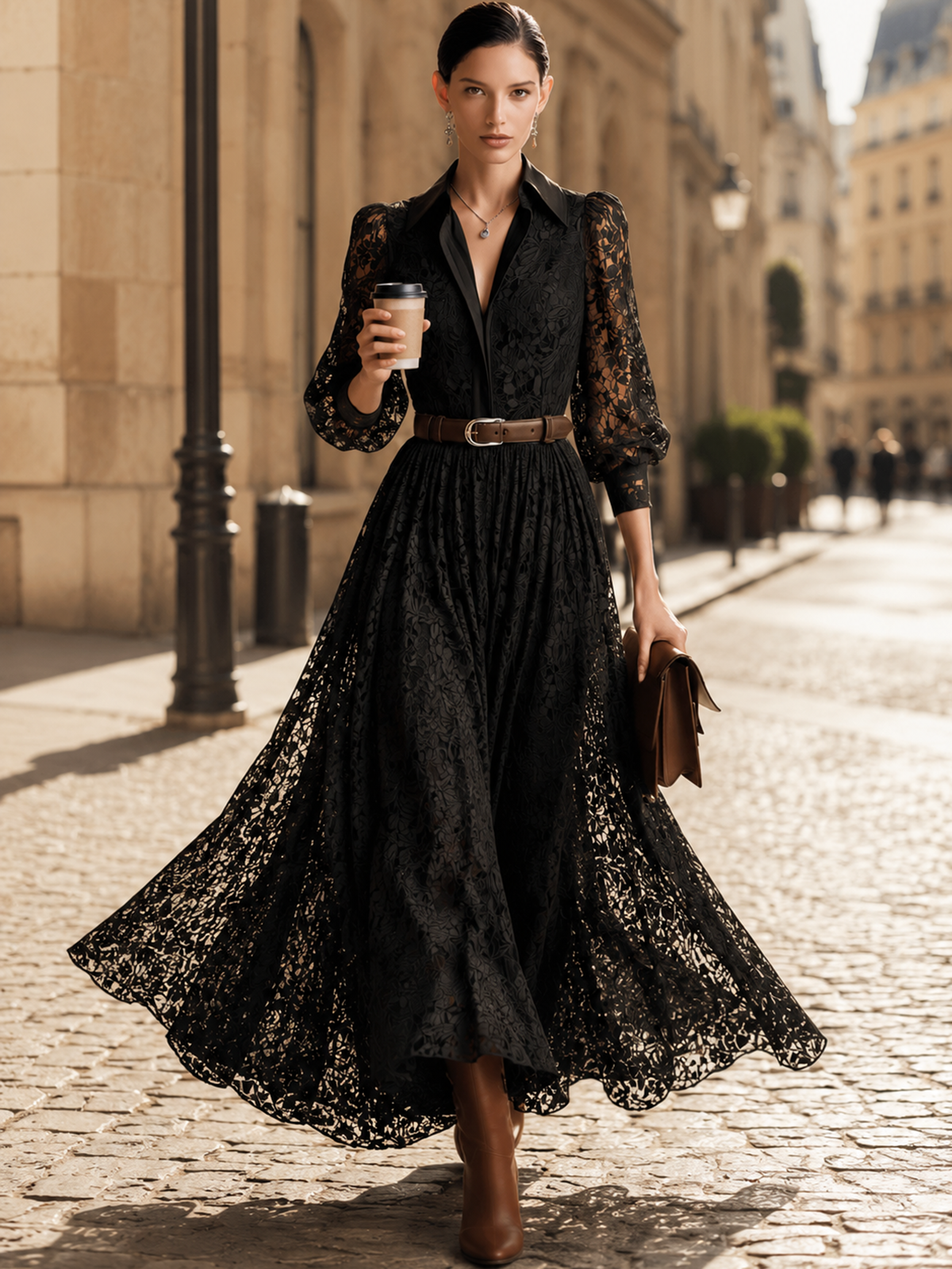 Black Lace Collared Belted Bubble‑Sleeve Maxi Dress