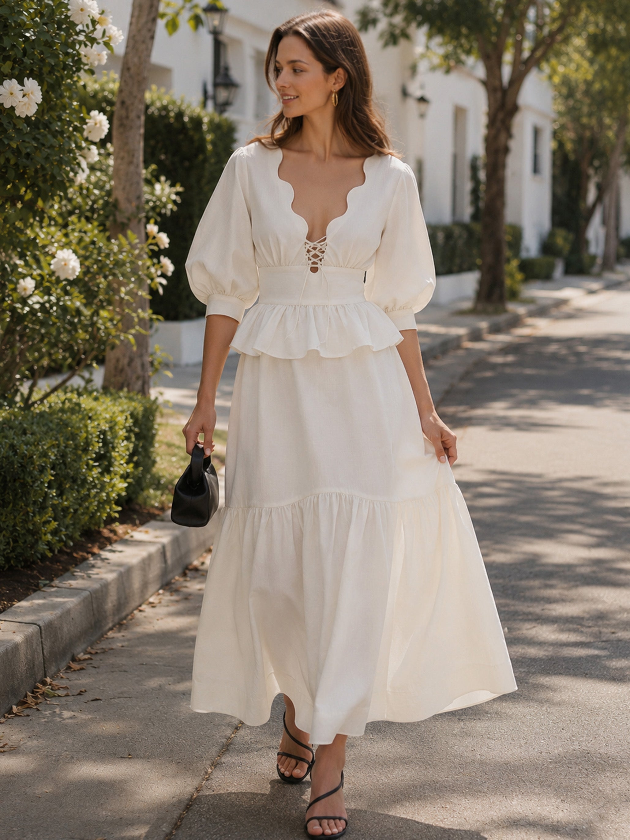 Elegant White Scalloped Lace-Up Puff Sleeve Tiered Maxi Two-Piece Set