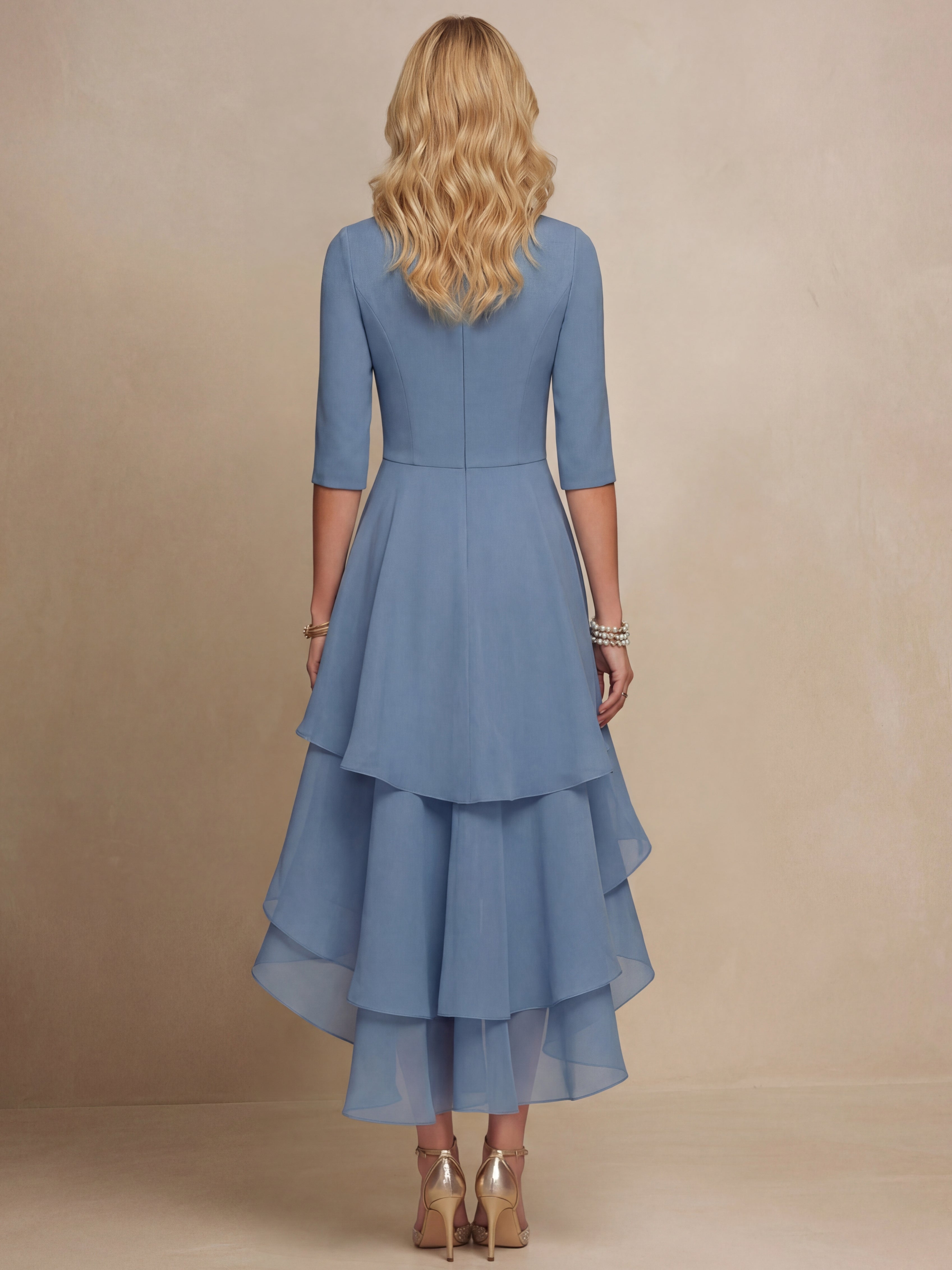 Liserie Chiffon Elegant Ruffle Midi Dress Wedding Guest Dresses