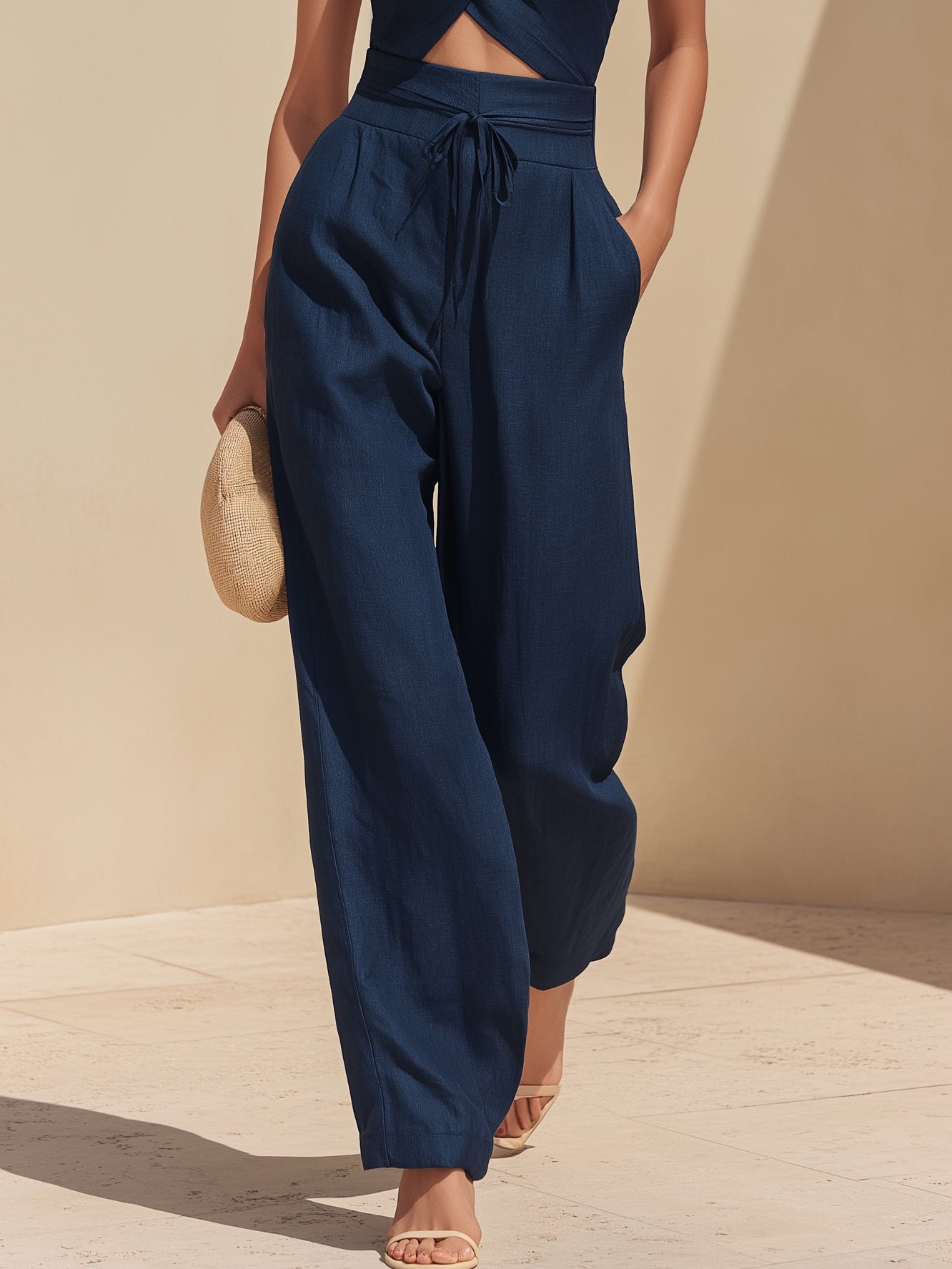 Liserie Linen Halter Neck Crop Top & Wide Leg Pants Set