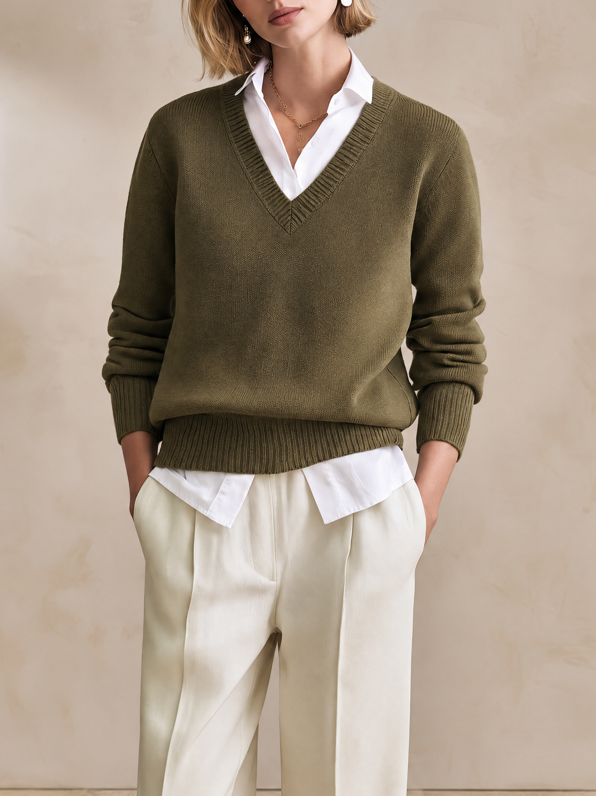 Elegant Olive Green V-Neck Knit Top With White Shirt Collar Layered Detail