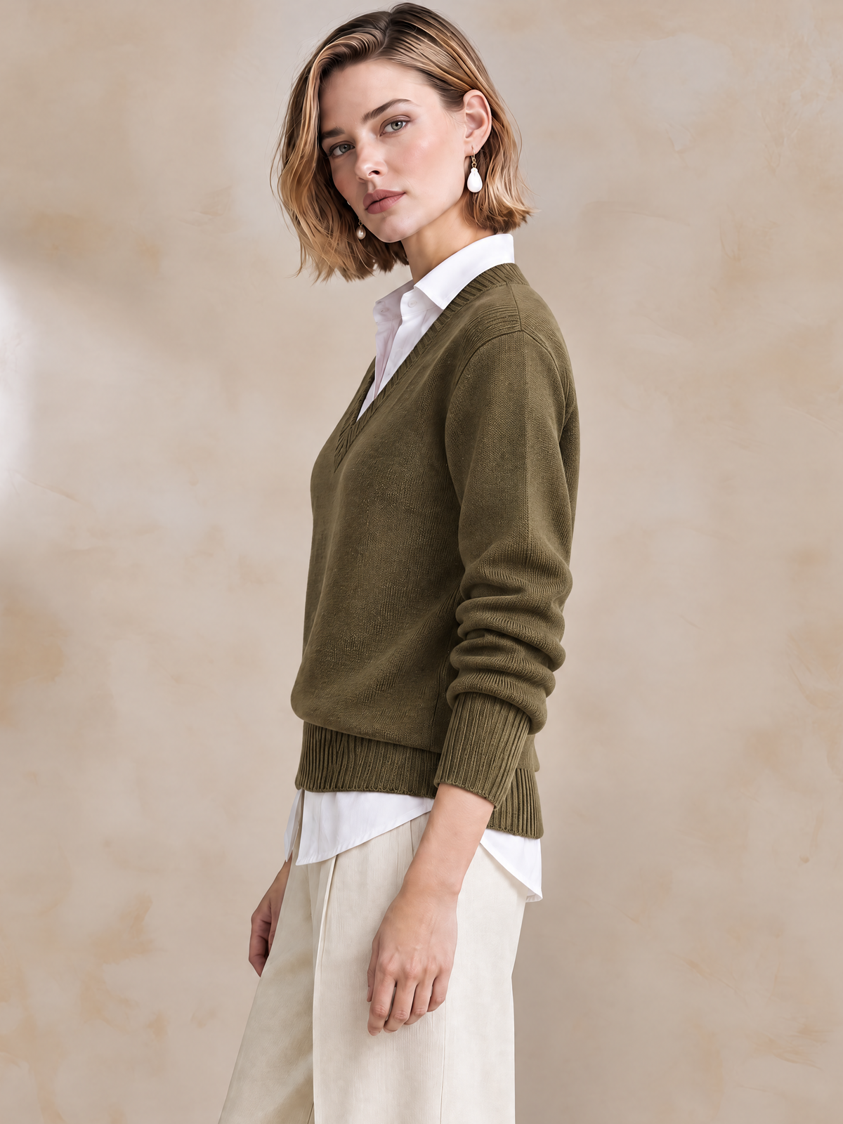 Elegant Olive Green V-Neck Knit Top With White Shirt Collar Layered Detail