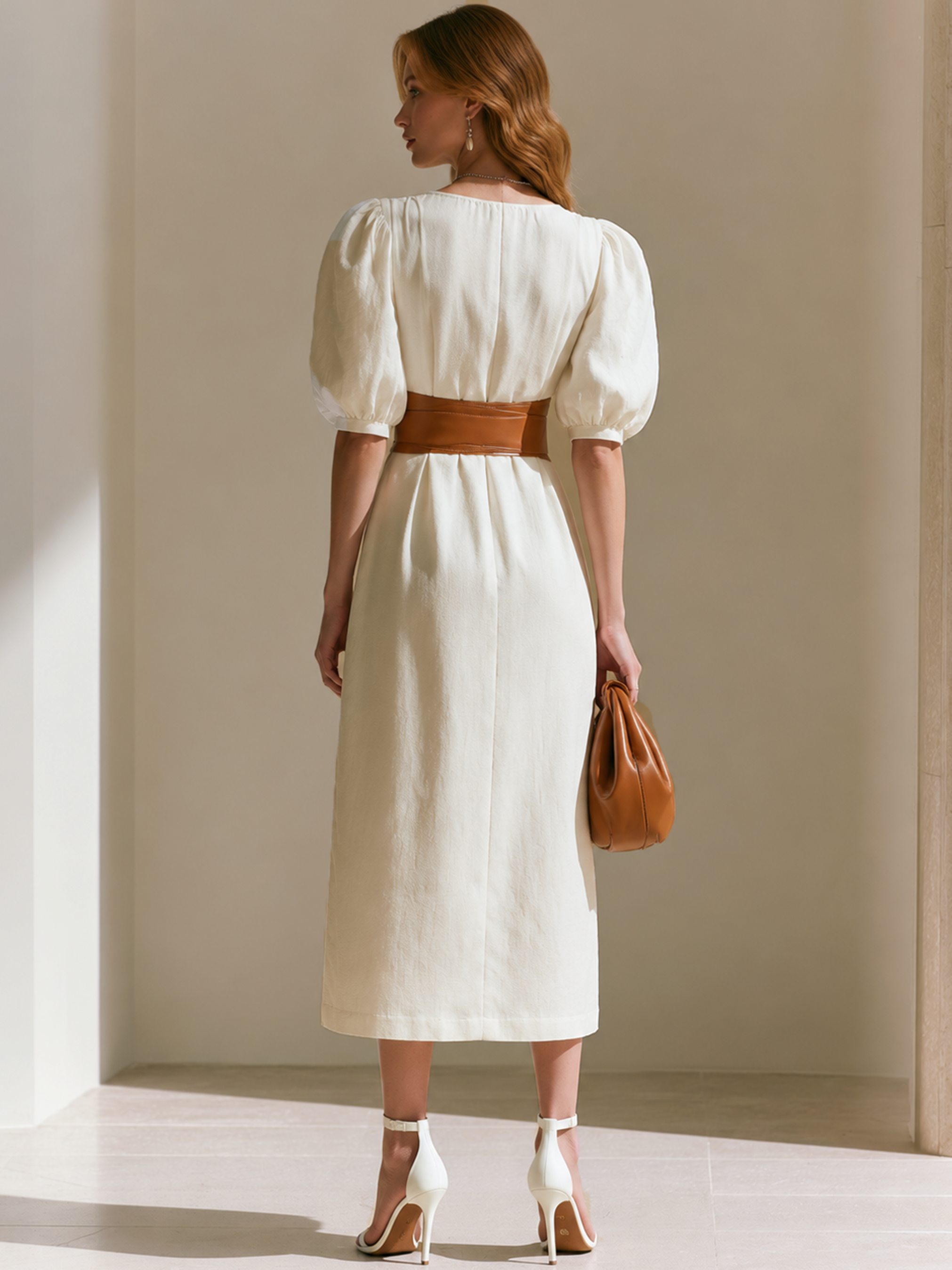 Elegant White Linen Blend Puff Sleeve Midi Dress