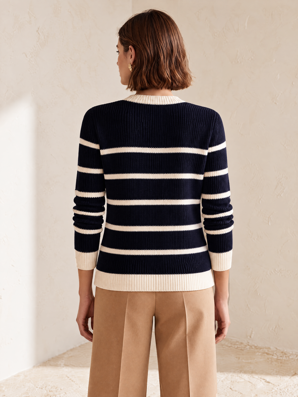 Elegant Navy & Ivory Striped Wool Knit Cardigan