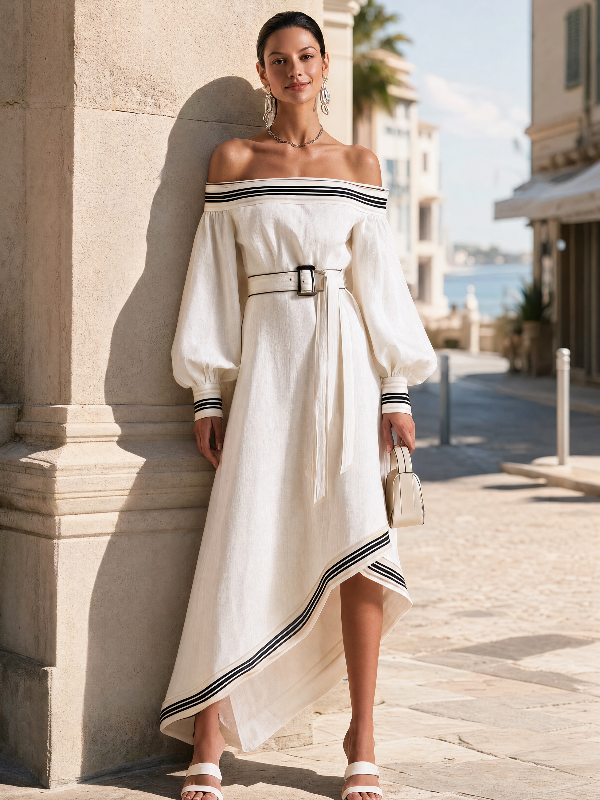 Elegant White Linen Blend Off-Shoulder Long Sleeve Maxi Dress