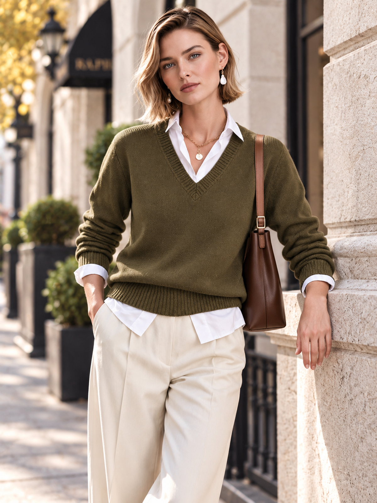 Elegant Olive Green V-Neck Knit Top With White Shirt Collar Layered Detail