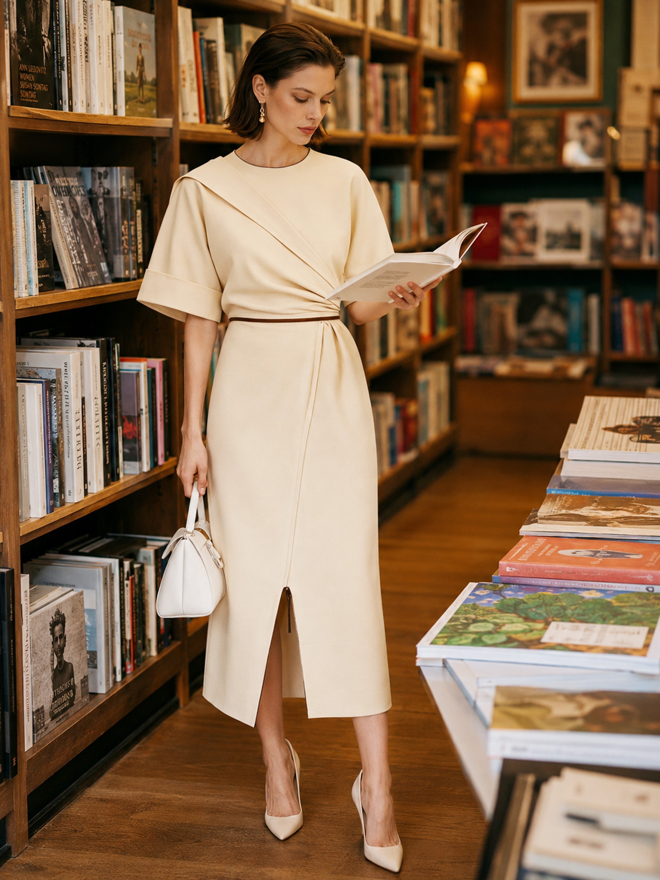 Elegant Sophisticated Light Apricot Trimmed Twist Front Slit Dress