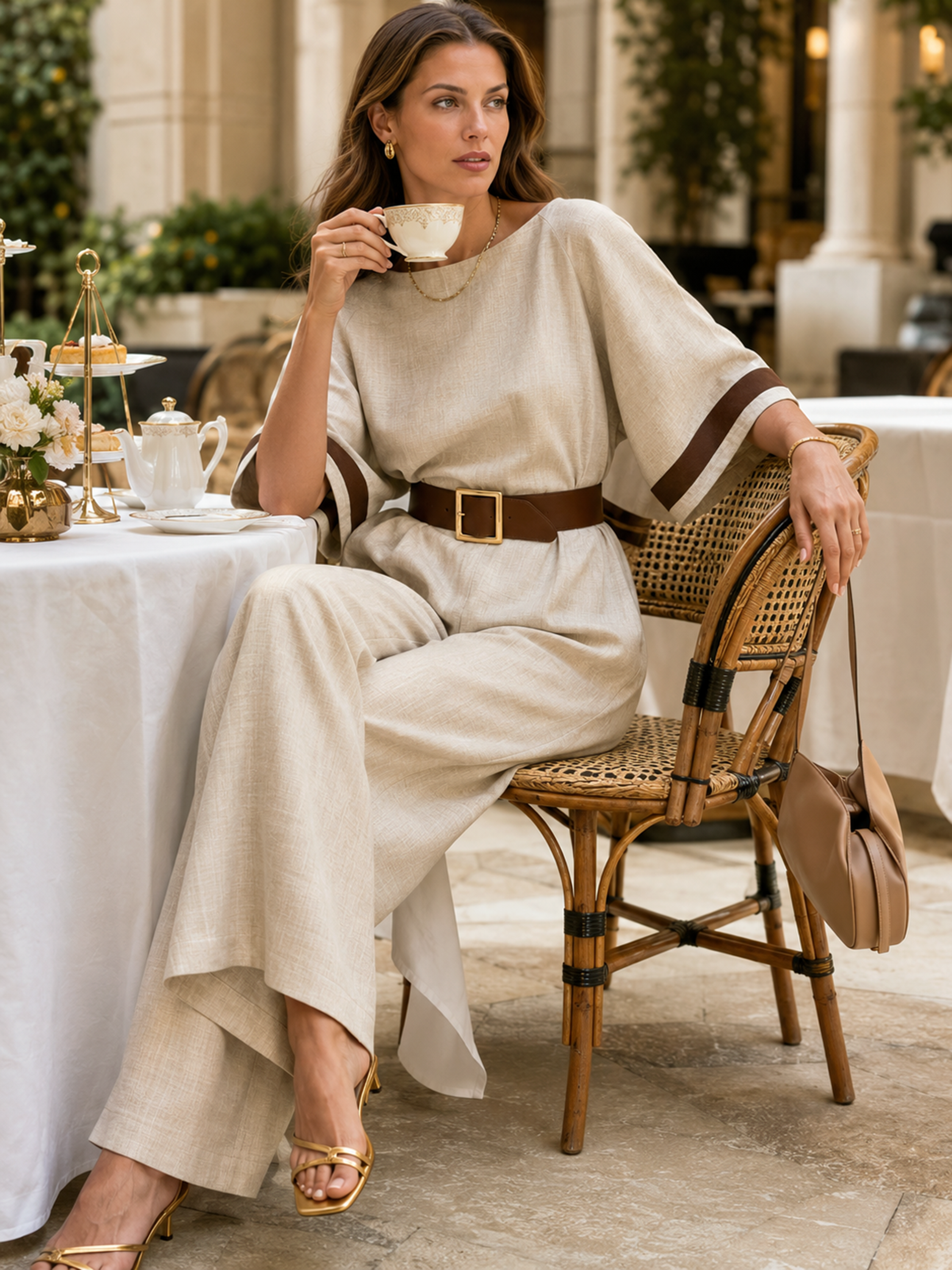 Elegant Earth Tone Textured Fabric Contrast Trim Fitted Wide Leg Jumpsuit