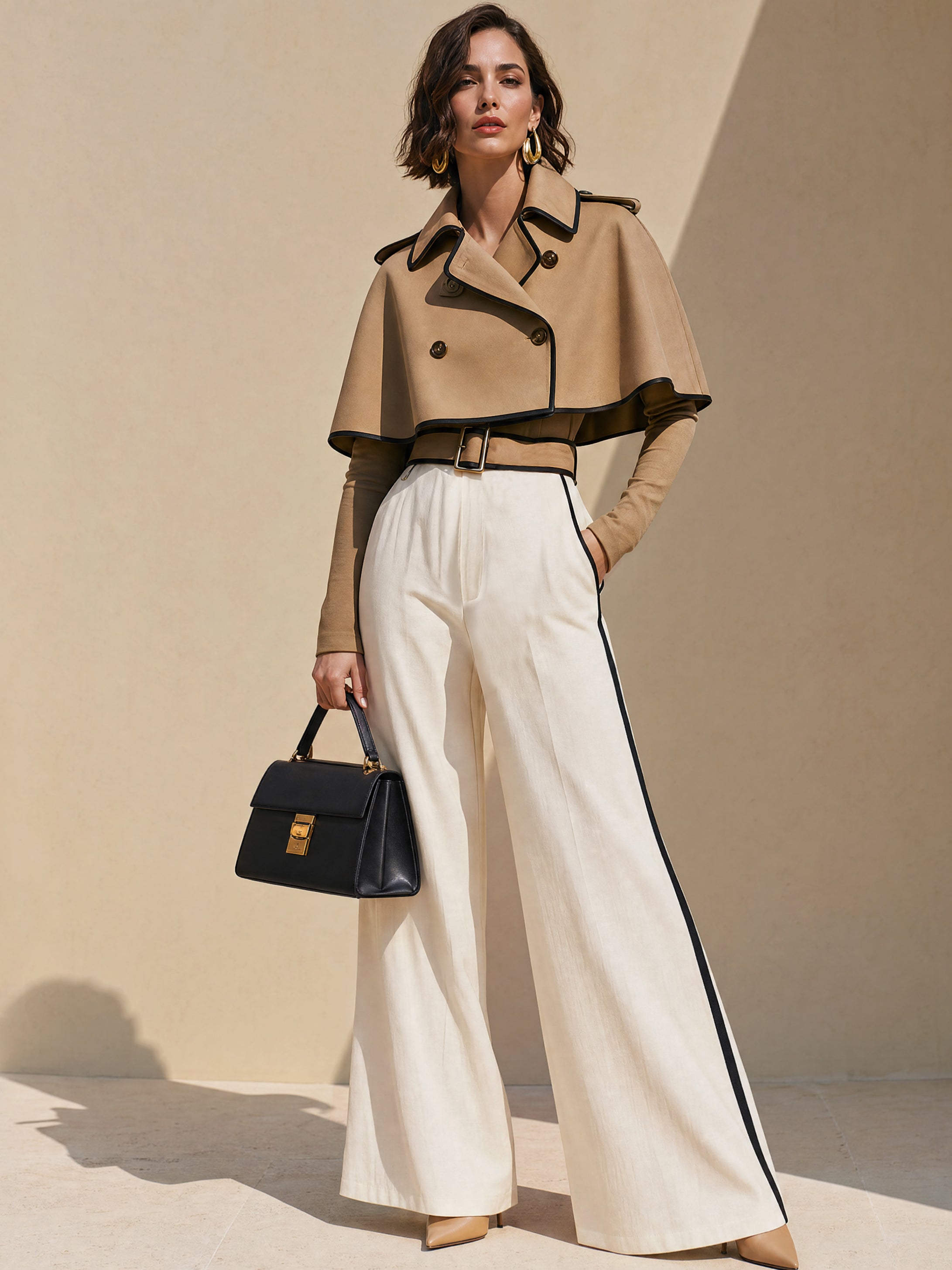 Women's Cropped Cape Coat with Contrast Piping Belted Trench Style
