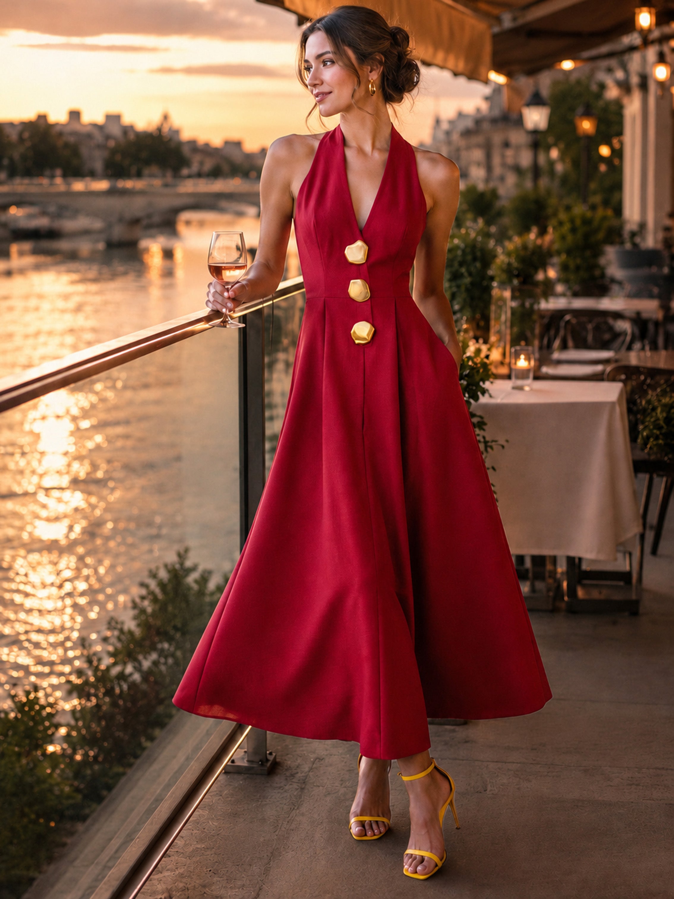 Burgundy Halter Deep V Gold Button Waisted A-Line Maxi Dress