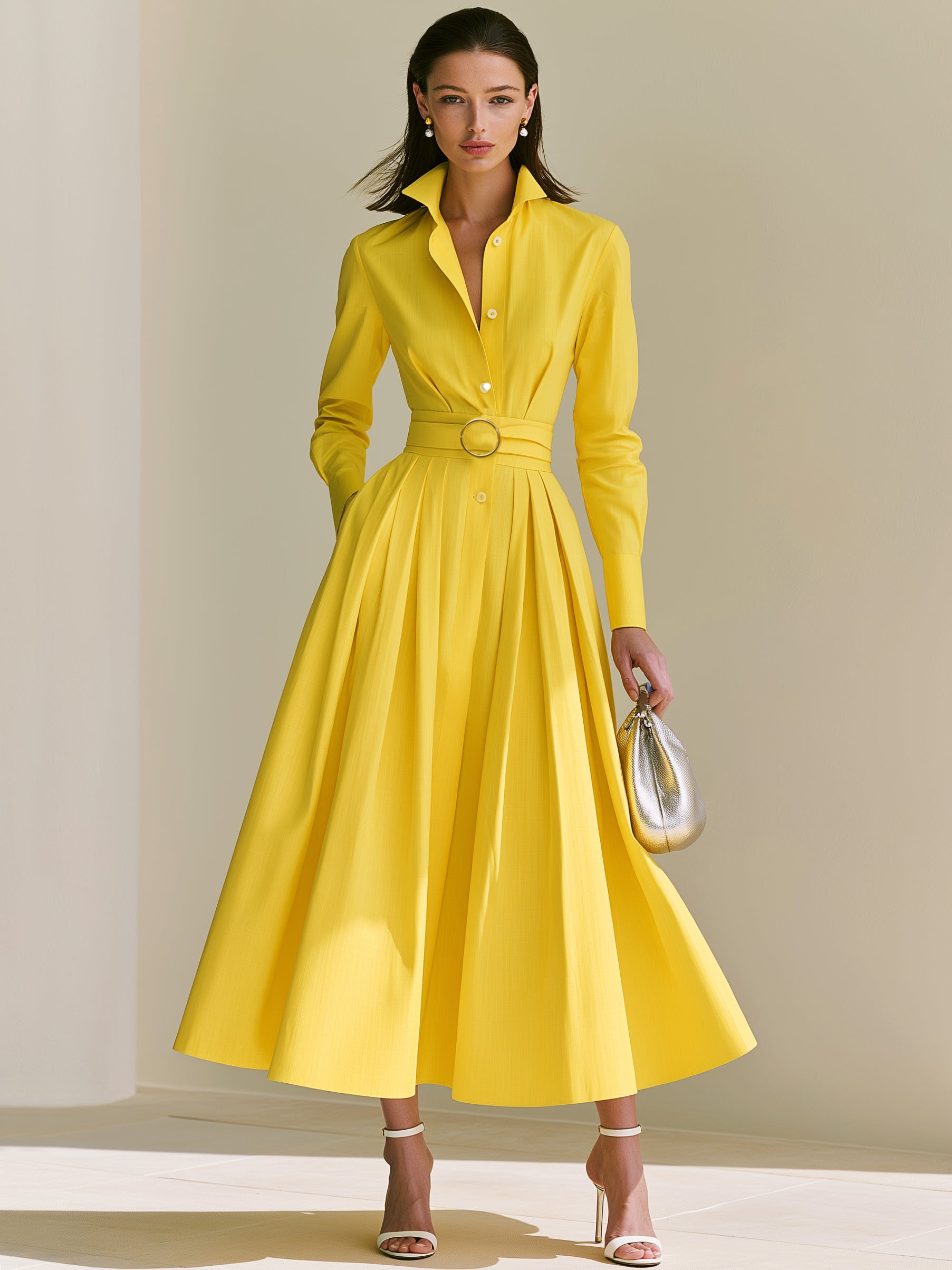 Sunflower Yellow Long Sleeve Belted Shirt Midi Dress