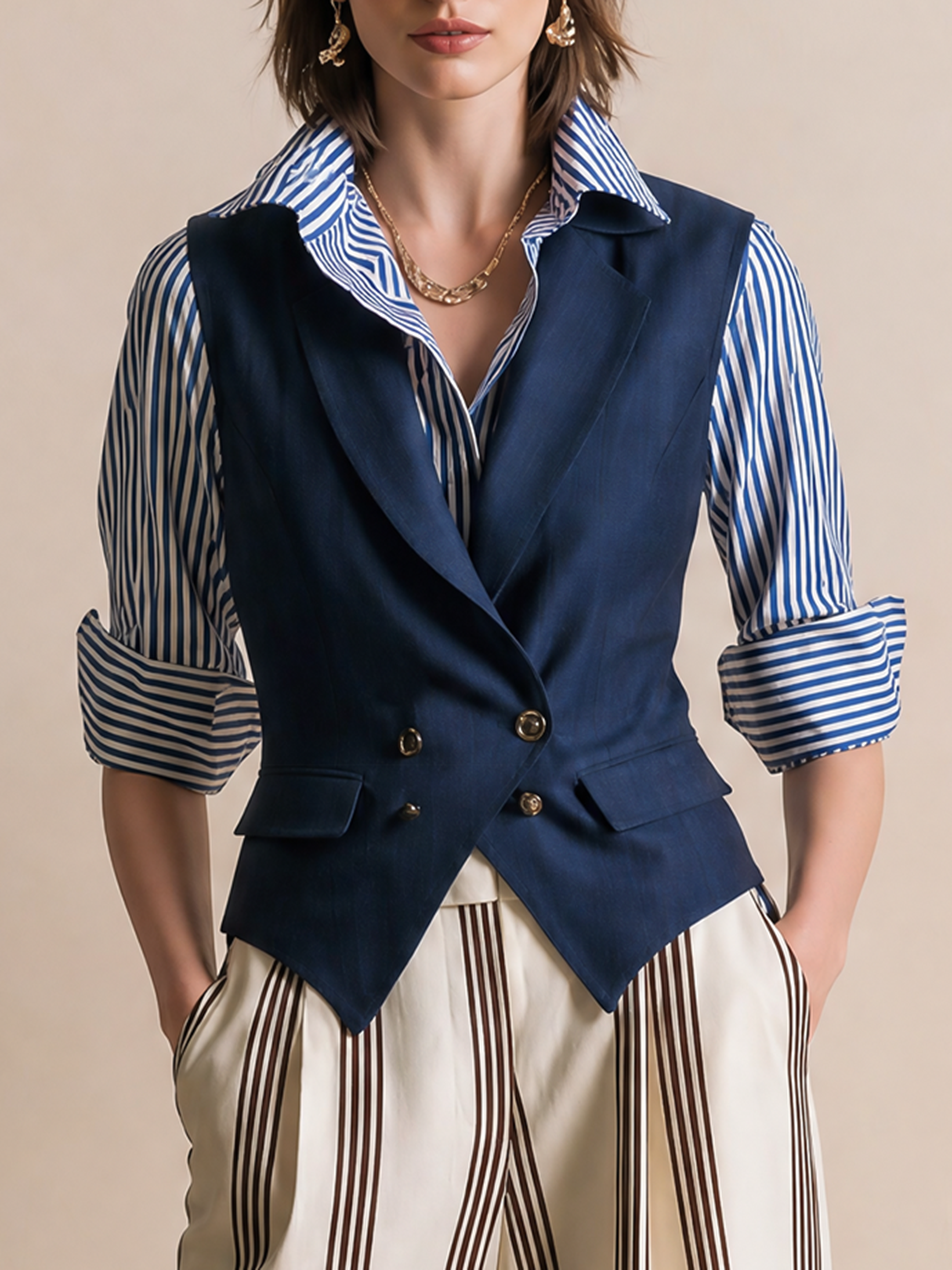 Elegant Navy Tailored Vest & Blue Striped Shirt Two-Piece Set