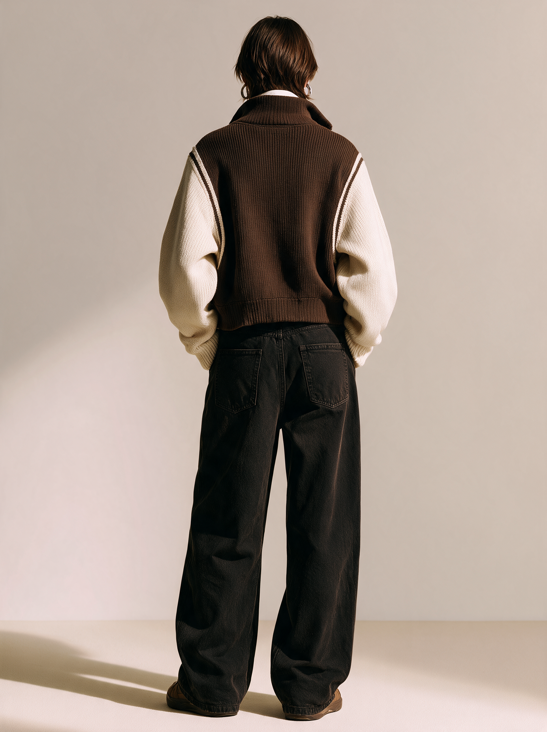 Brown Colorblock Zip-Up Knit Jacket With Contrast Ivory Sleeves