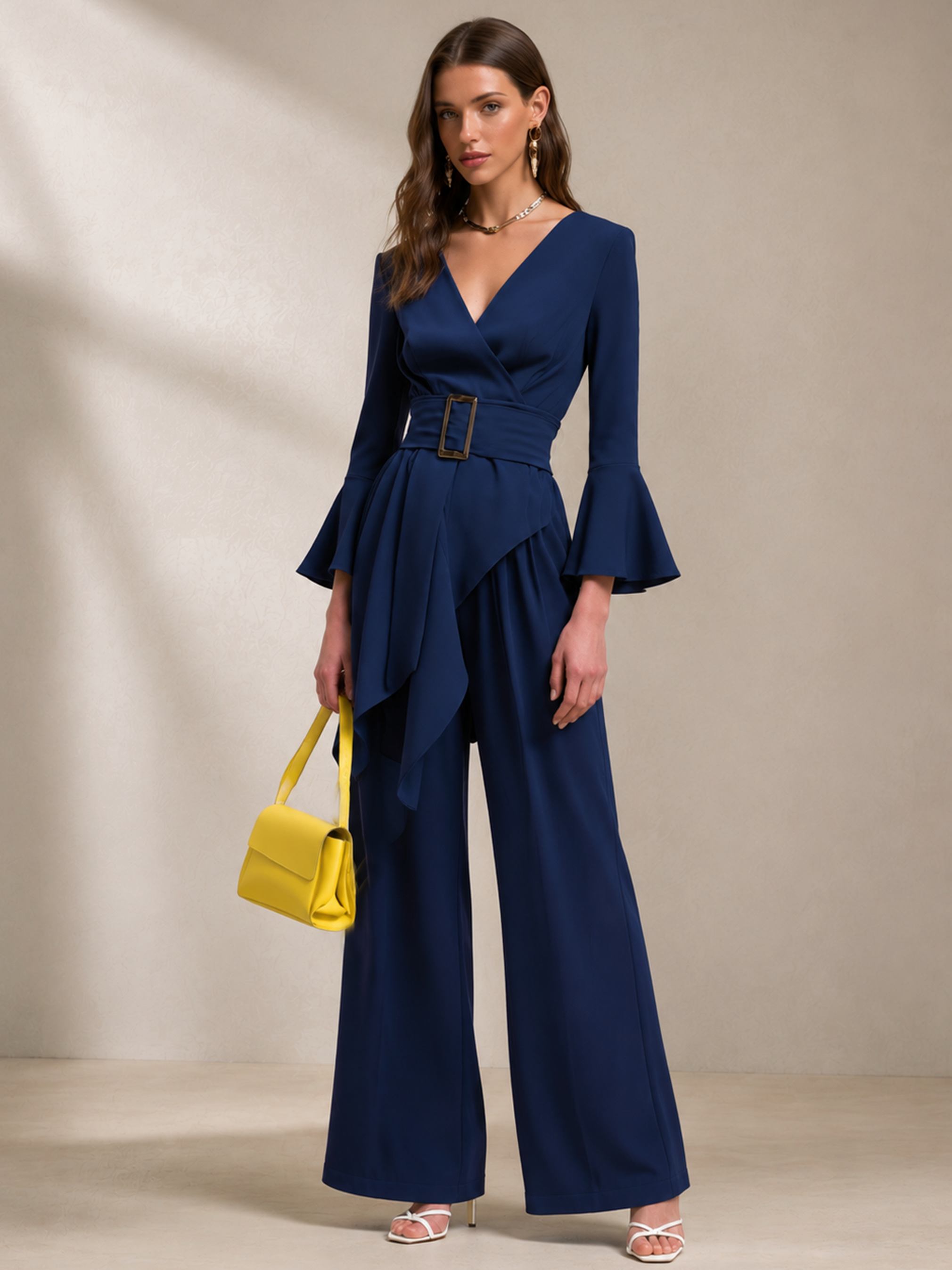 Elegant Navy Blue Wrap V-Neck Top & Wide Leg Pants Set