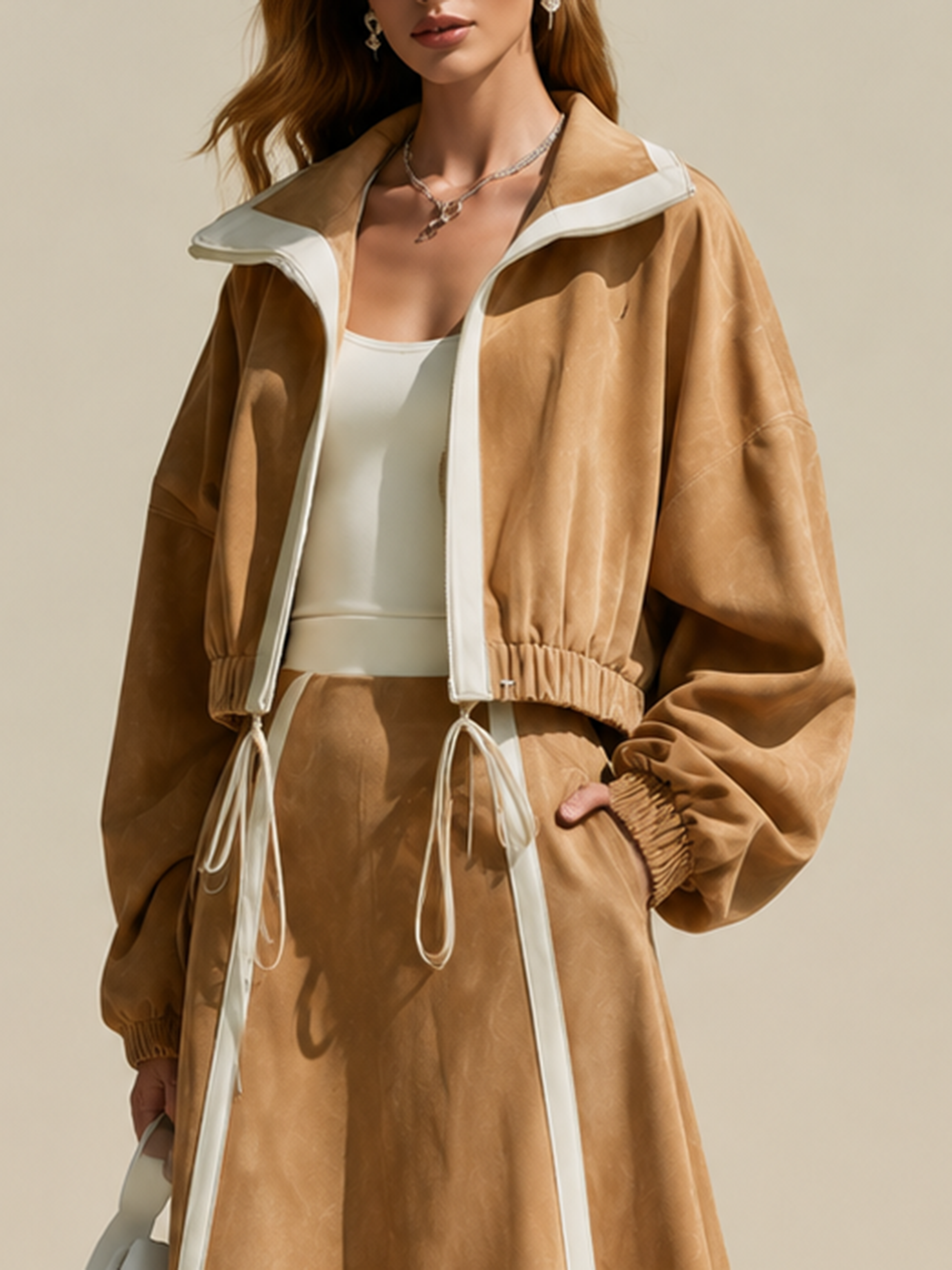 Elegant Khaki Suede Jacket With White Contrast Piping Detail