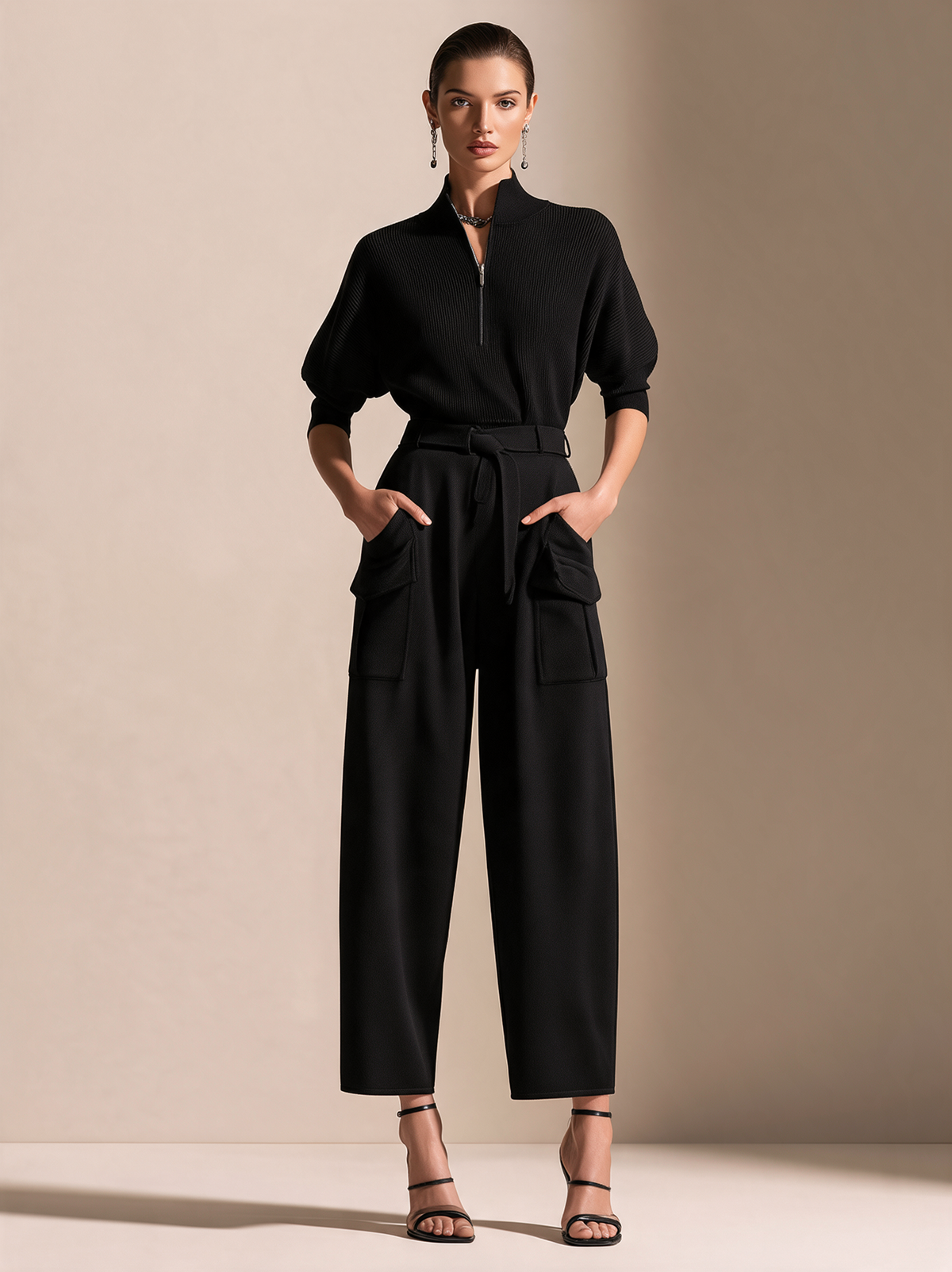 Elegant Black Ribbed Knit Jumpsuit