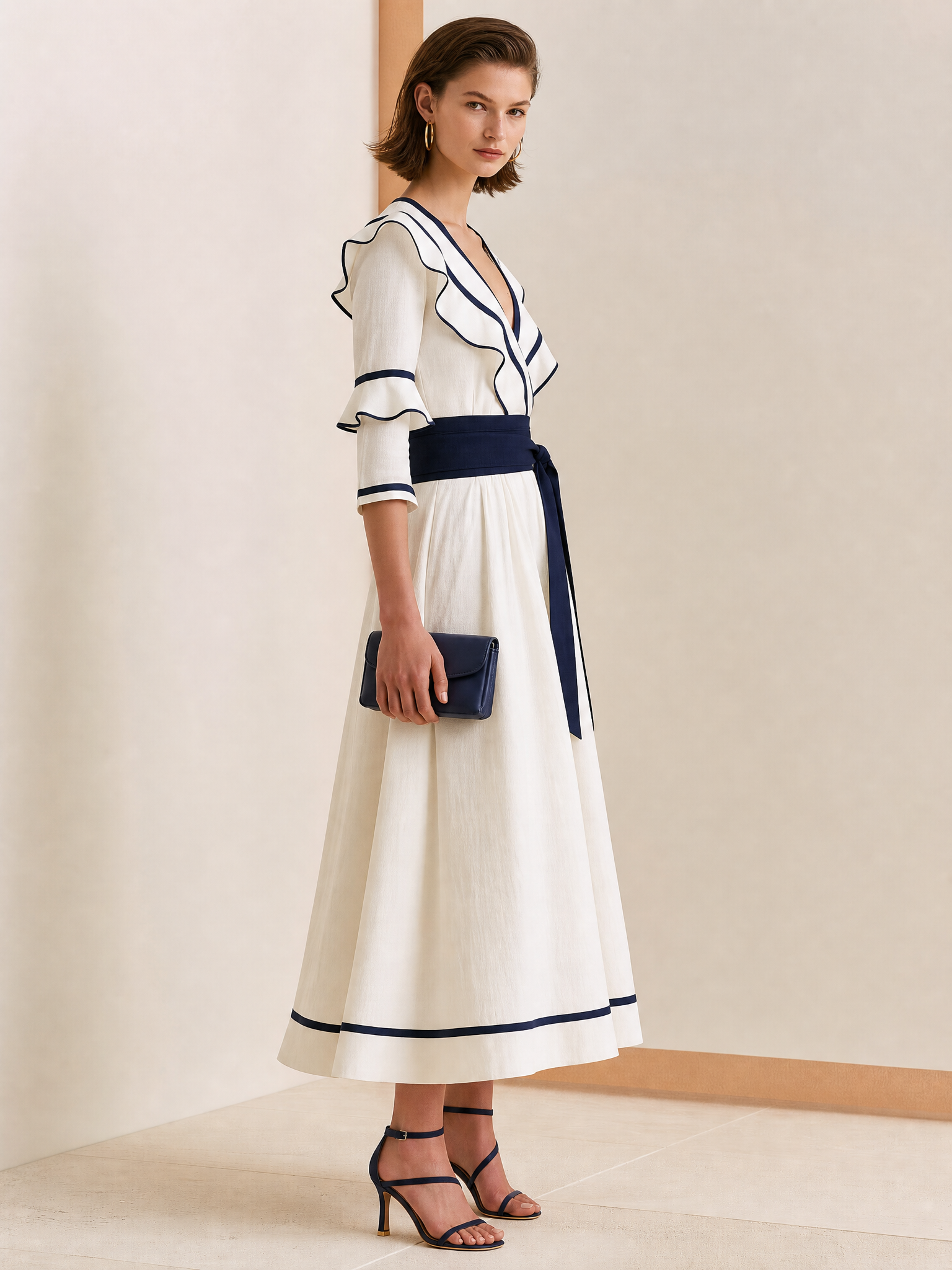Elegant Off-White Navy Piped Elbow Tie Belt Relaxed Midi Dress