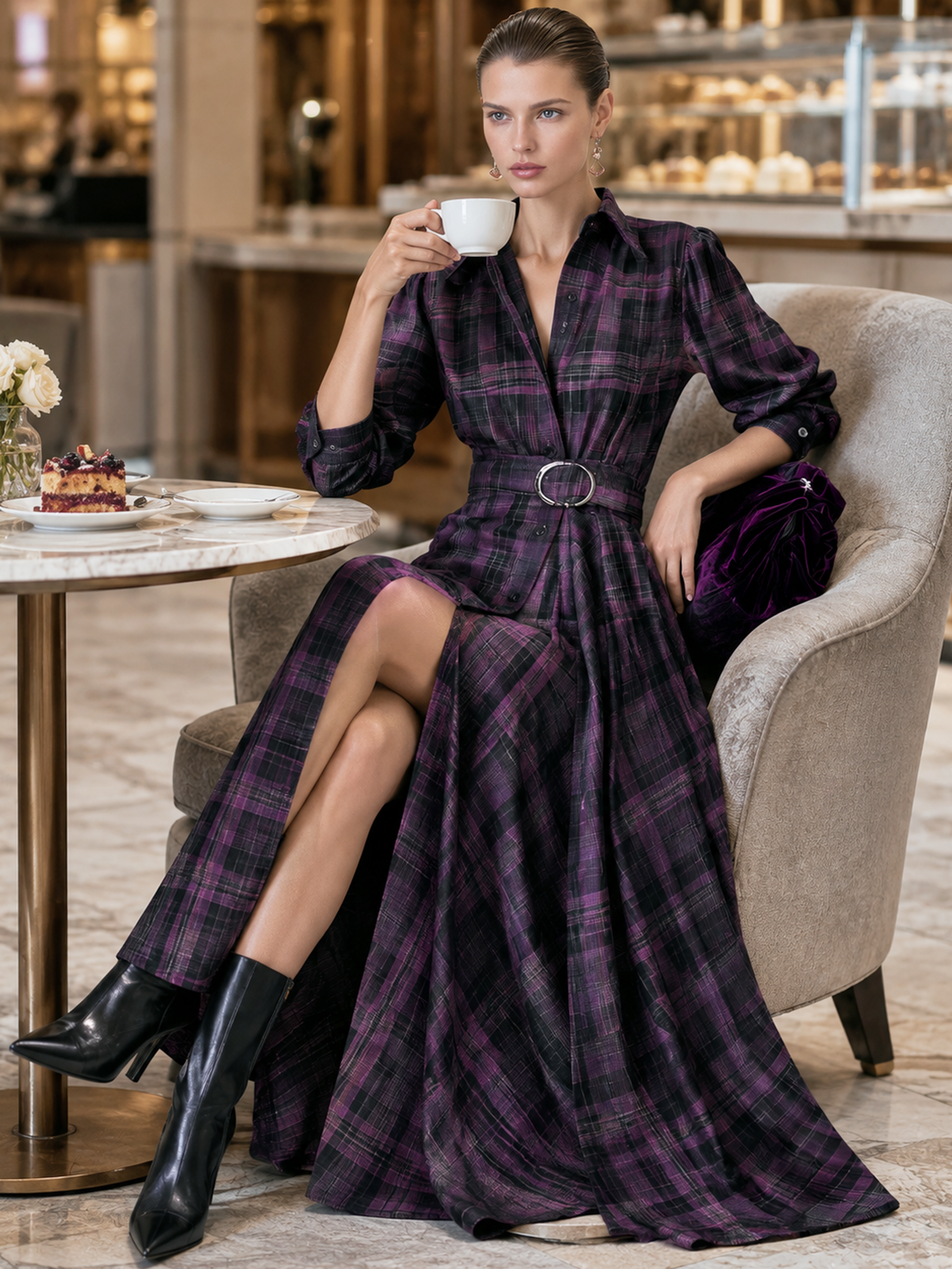 Purple‑Black Plaid Collared Belted Shirt‑Style Maxi Dress