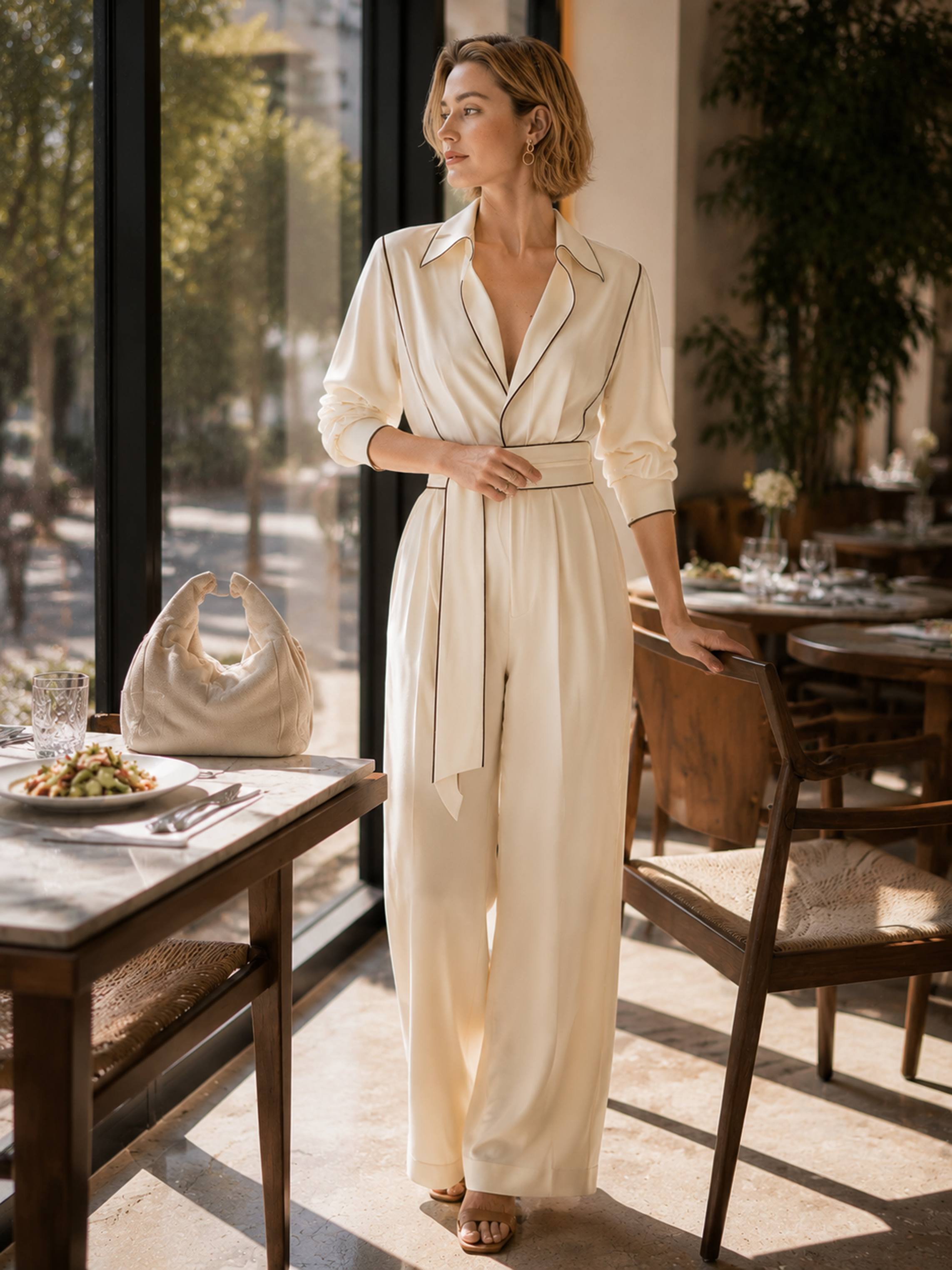 Cream Brown Piped Collar Tie Waist Wide Leg Pant Two-Piece Set