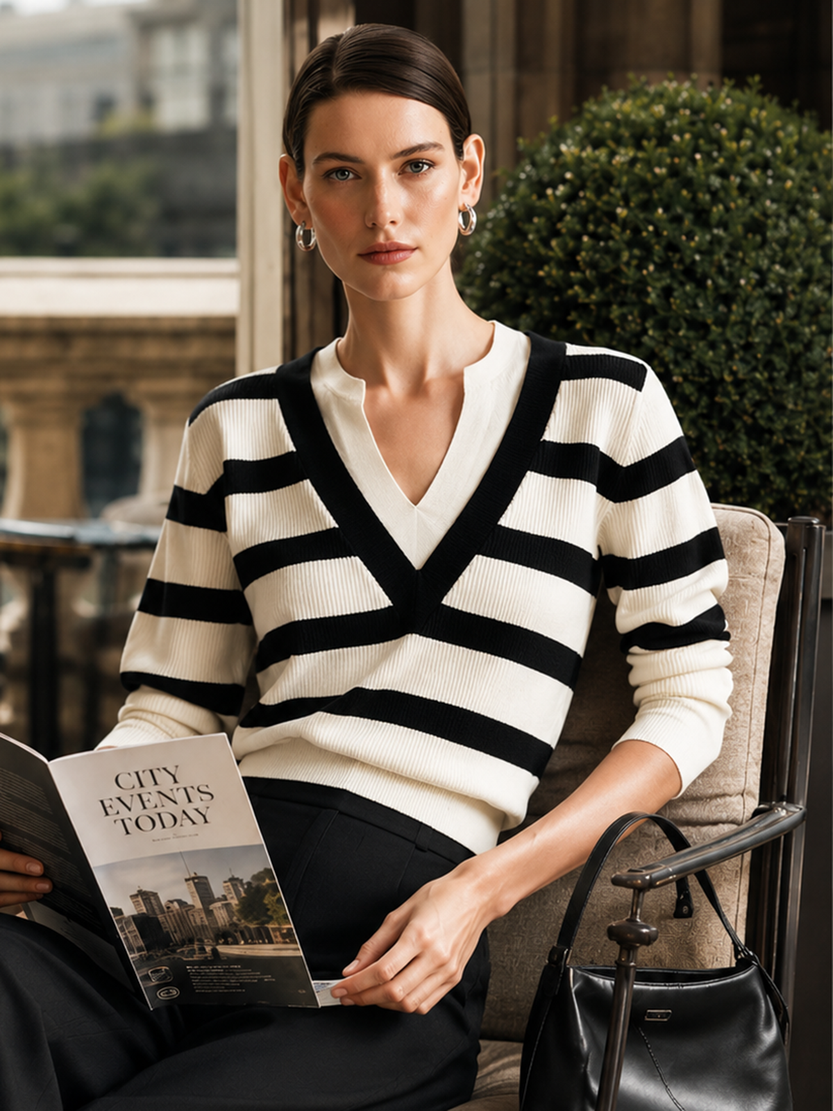 Black‑White Stripe Faux Two‑Piece V‑Neck Pullover Sweater