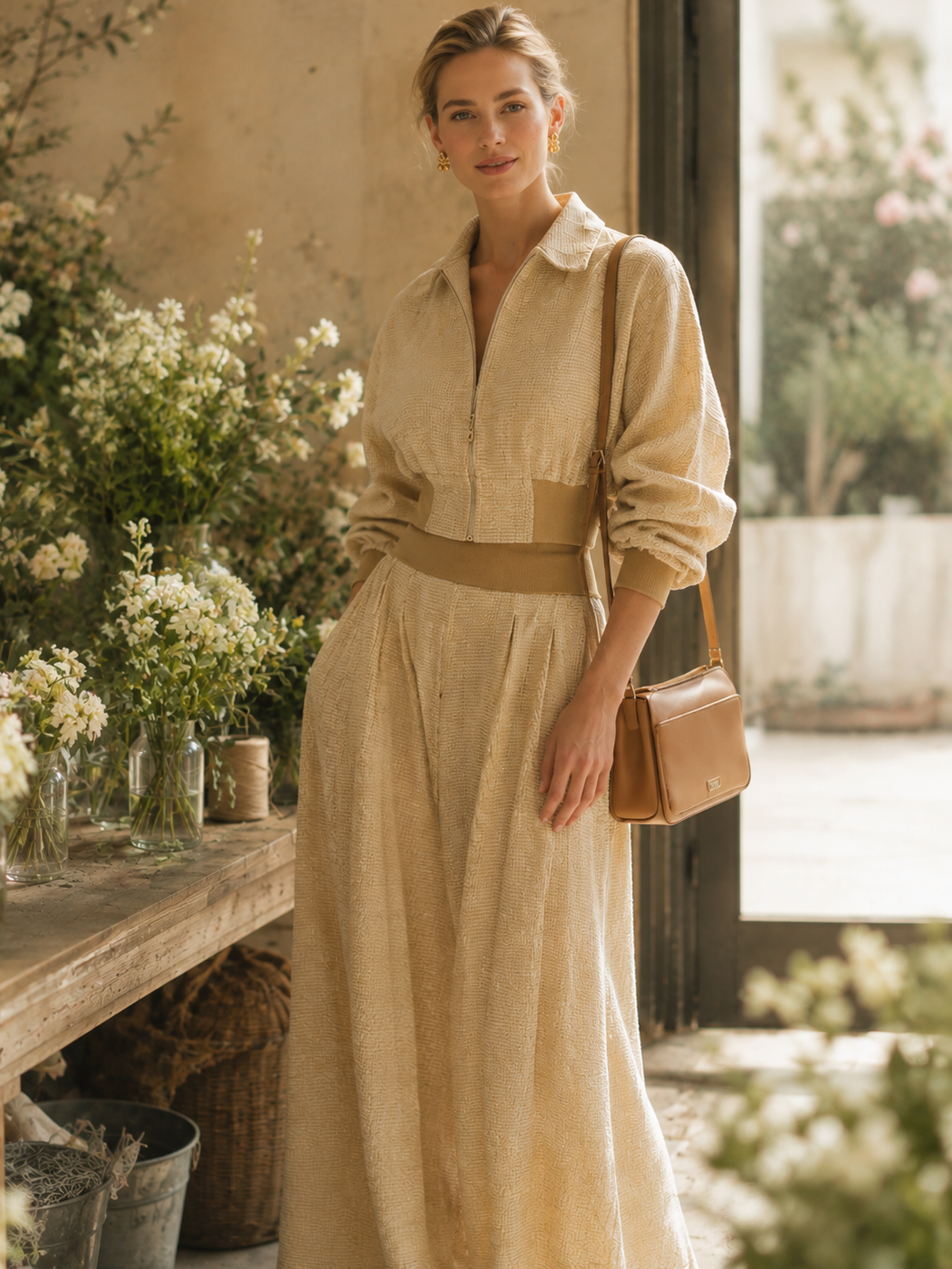 Elegant Relaxed Light Beige Collar Zip Waist Crop Jacket Maxi Skirt Set