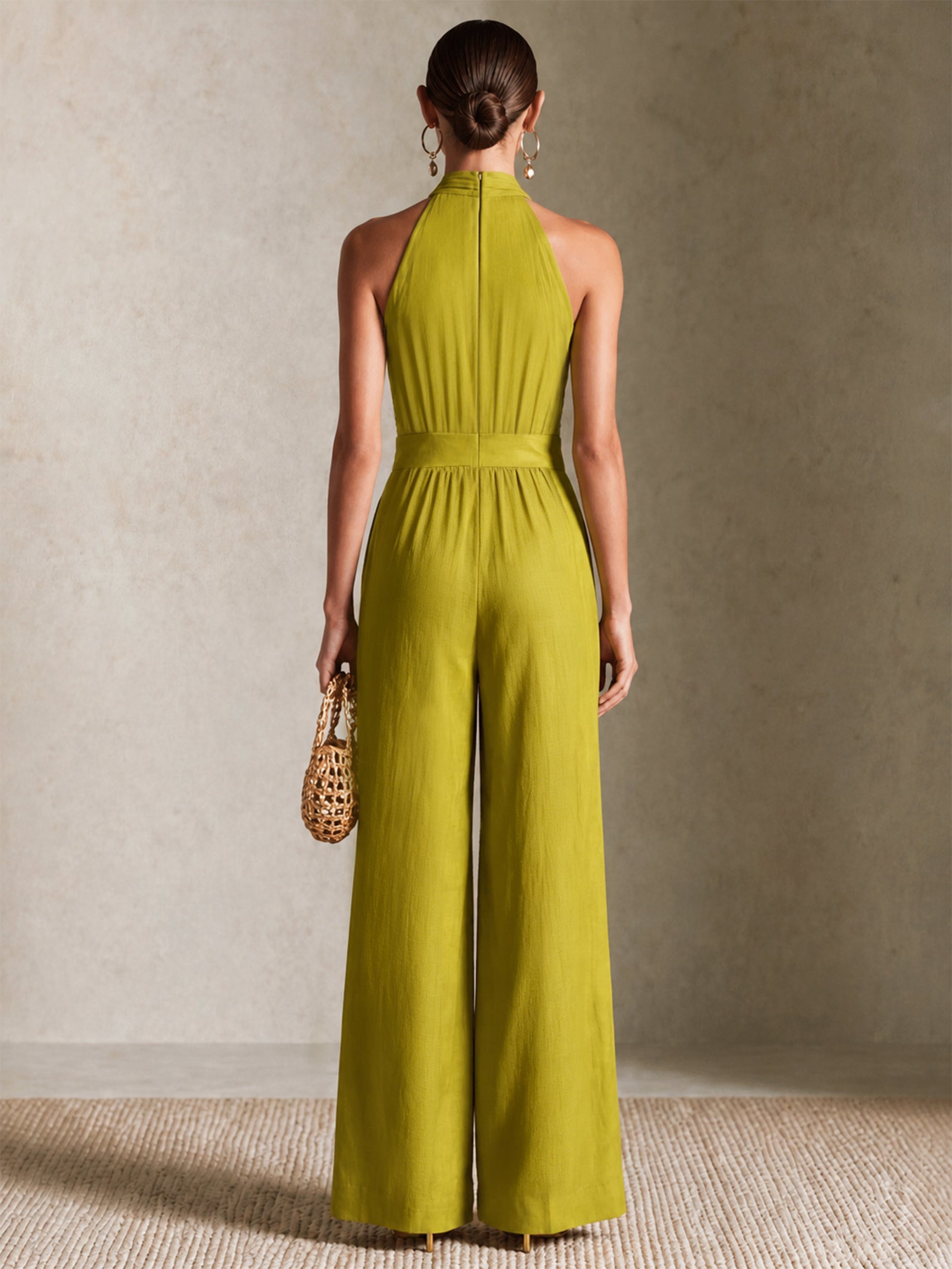 Liserie Linen Olive Green Halter Neck Wide-Leg Jumpsuit