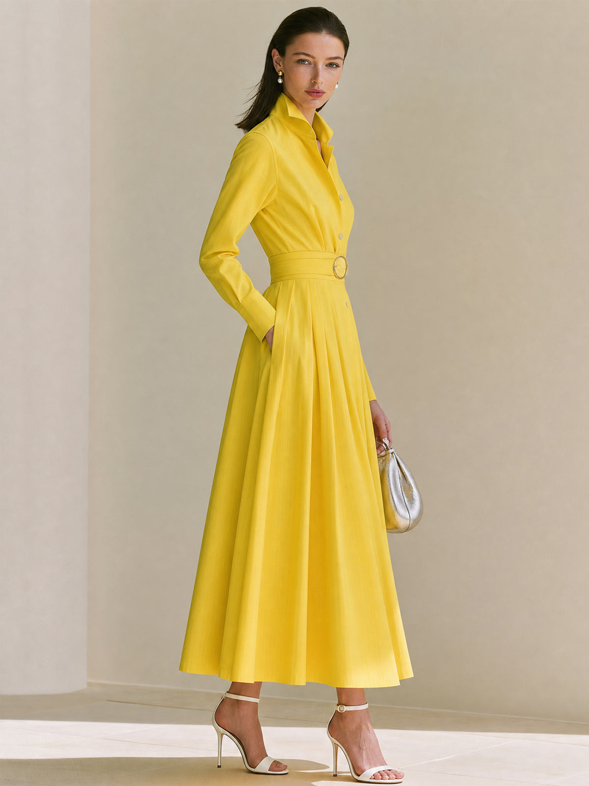 Sunflower Yellow Long Sleeve Belted Shirt Midi Dress