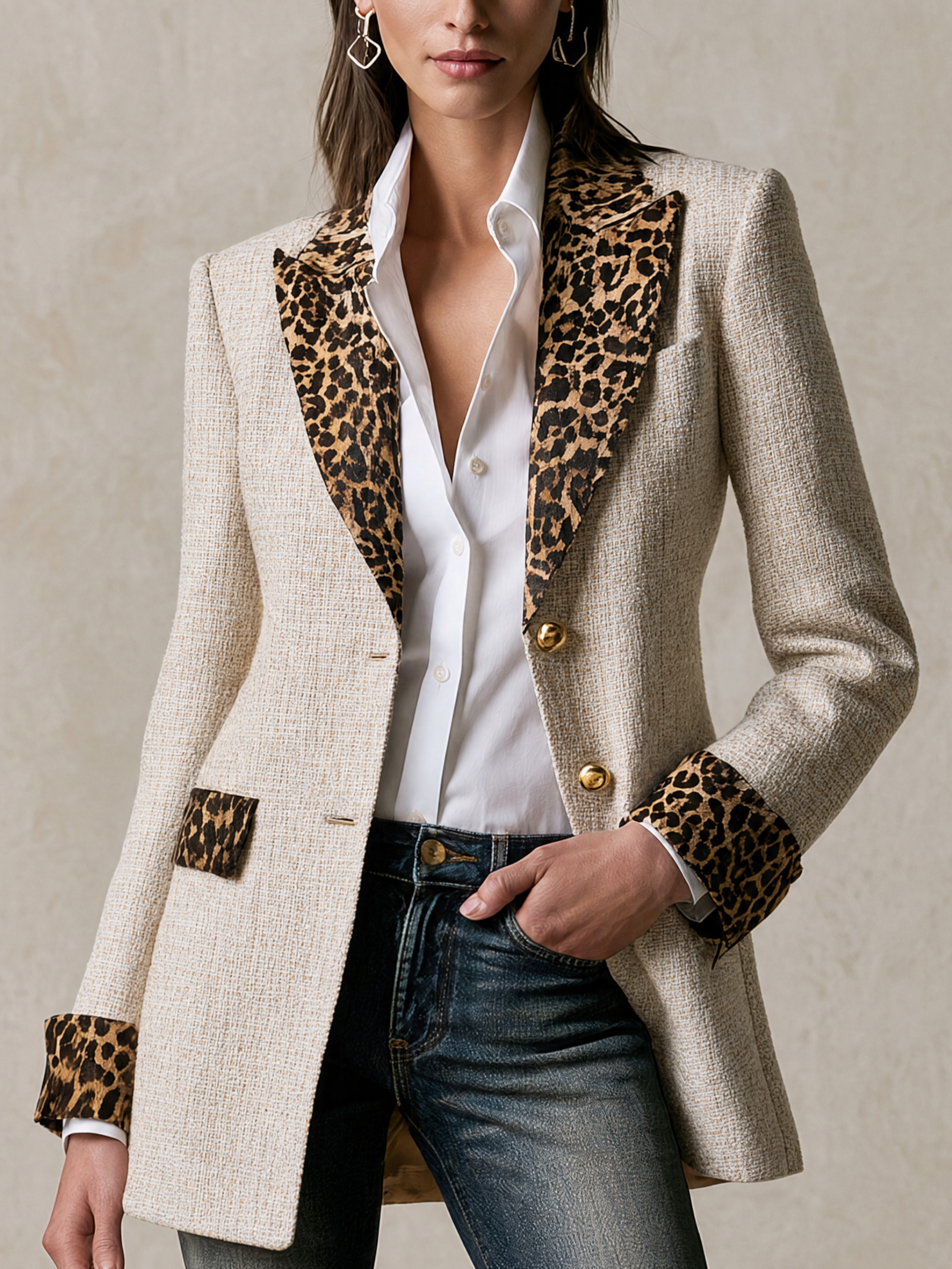 Tweed Leopard‑Panel Gold‑Button Tailored Blazer