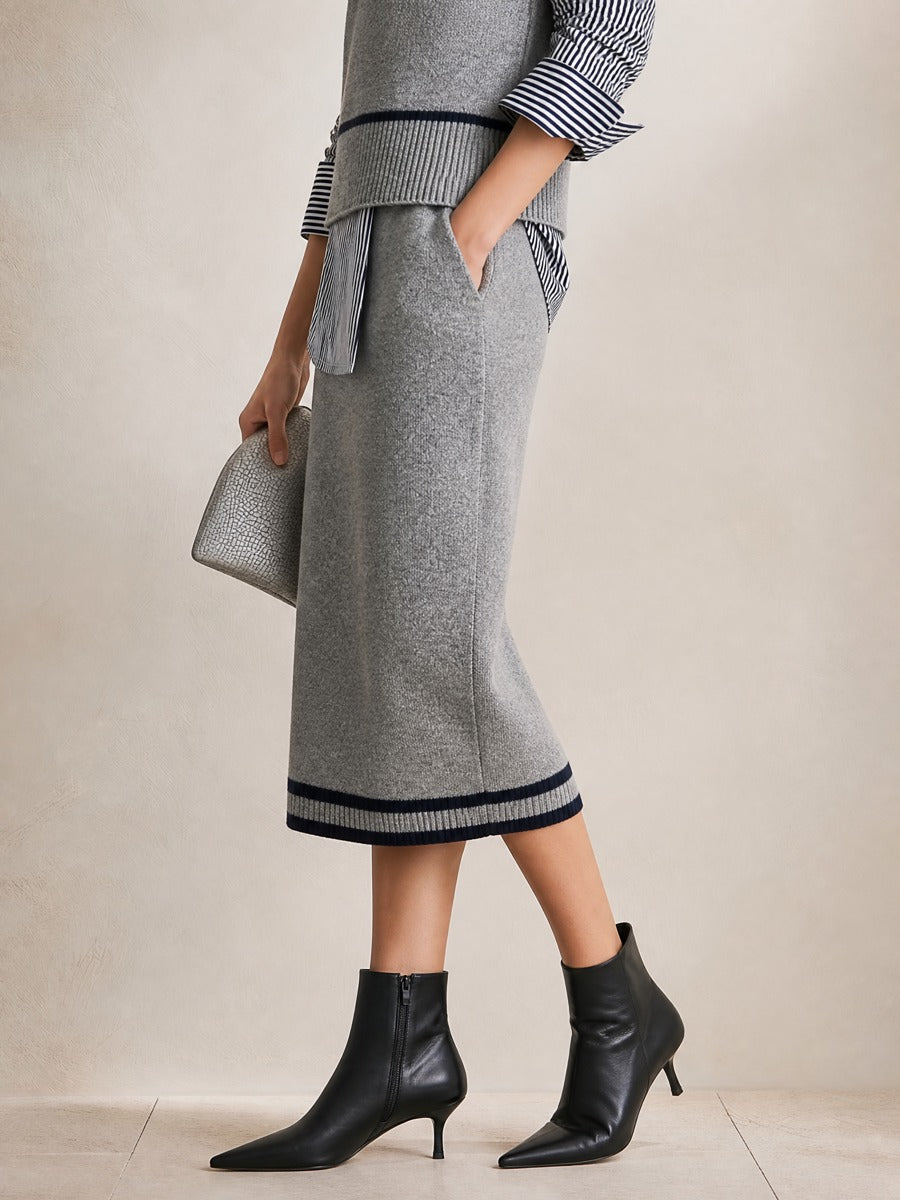 Navy Contrast Trim Grey Straight Knit Midi Skirt