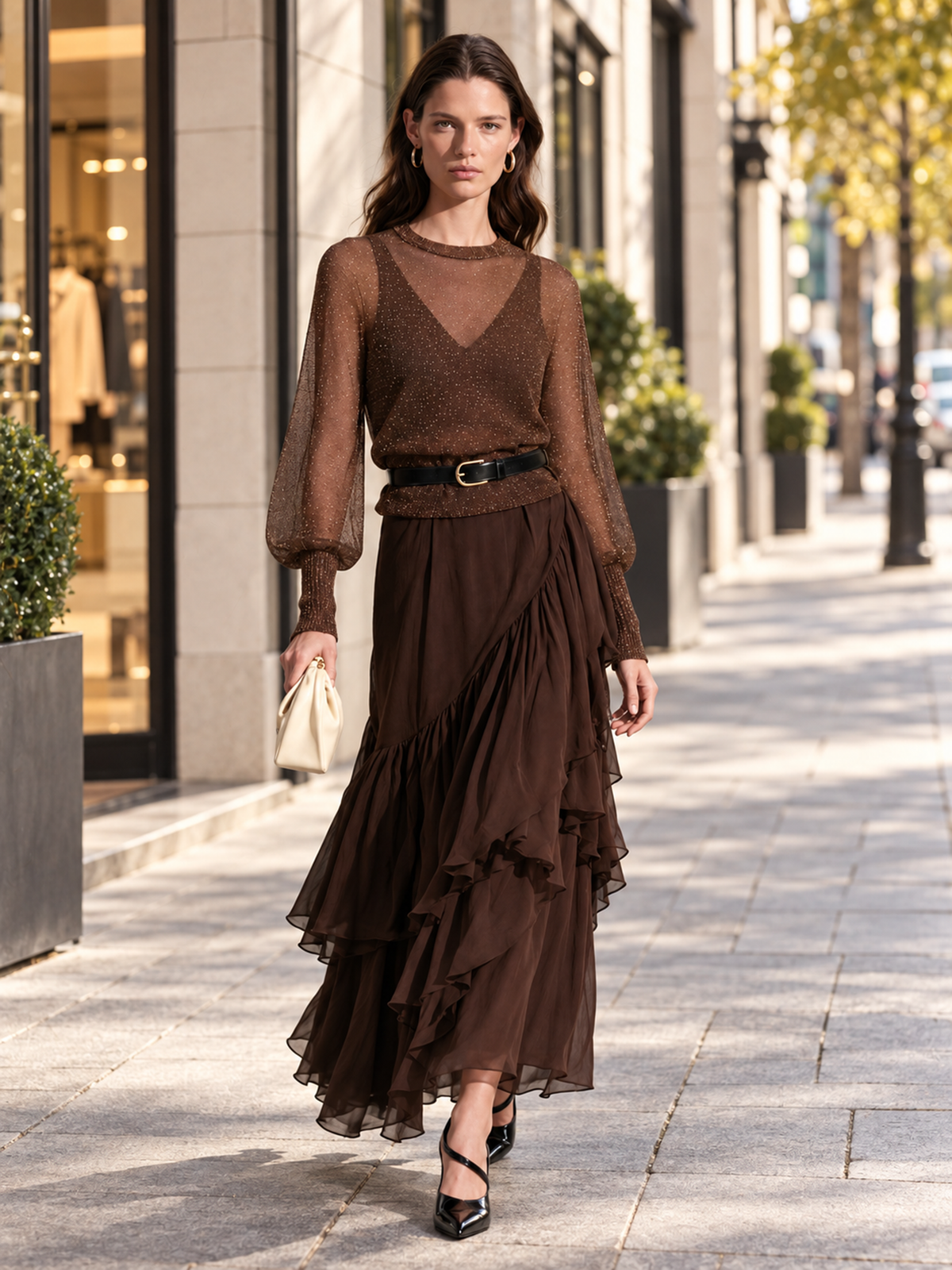 Brown Sheer Wool Knit Top Chiffon Dress Set