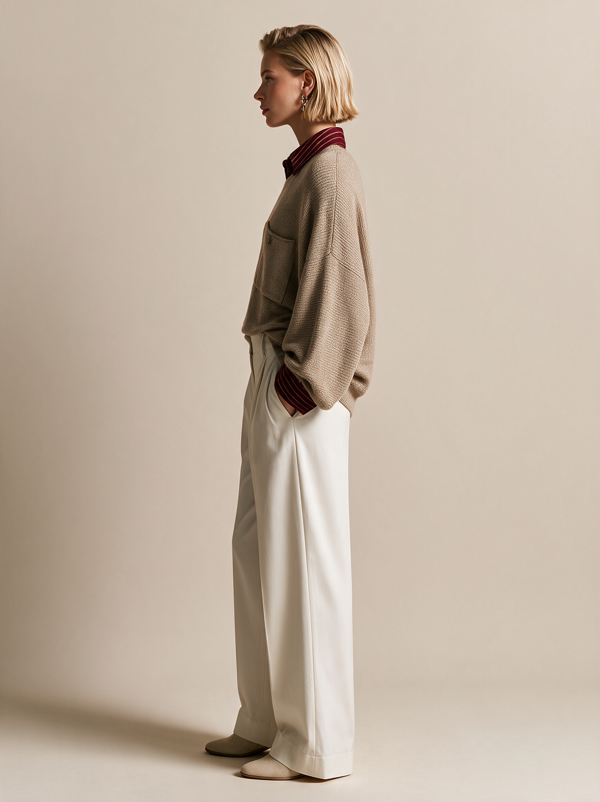 Beige Oversized Knit Poncho Sweater With Chest Pocket