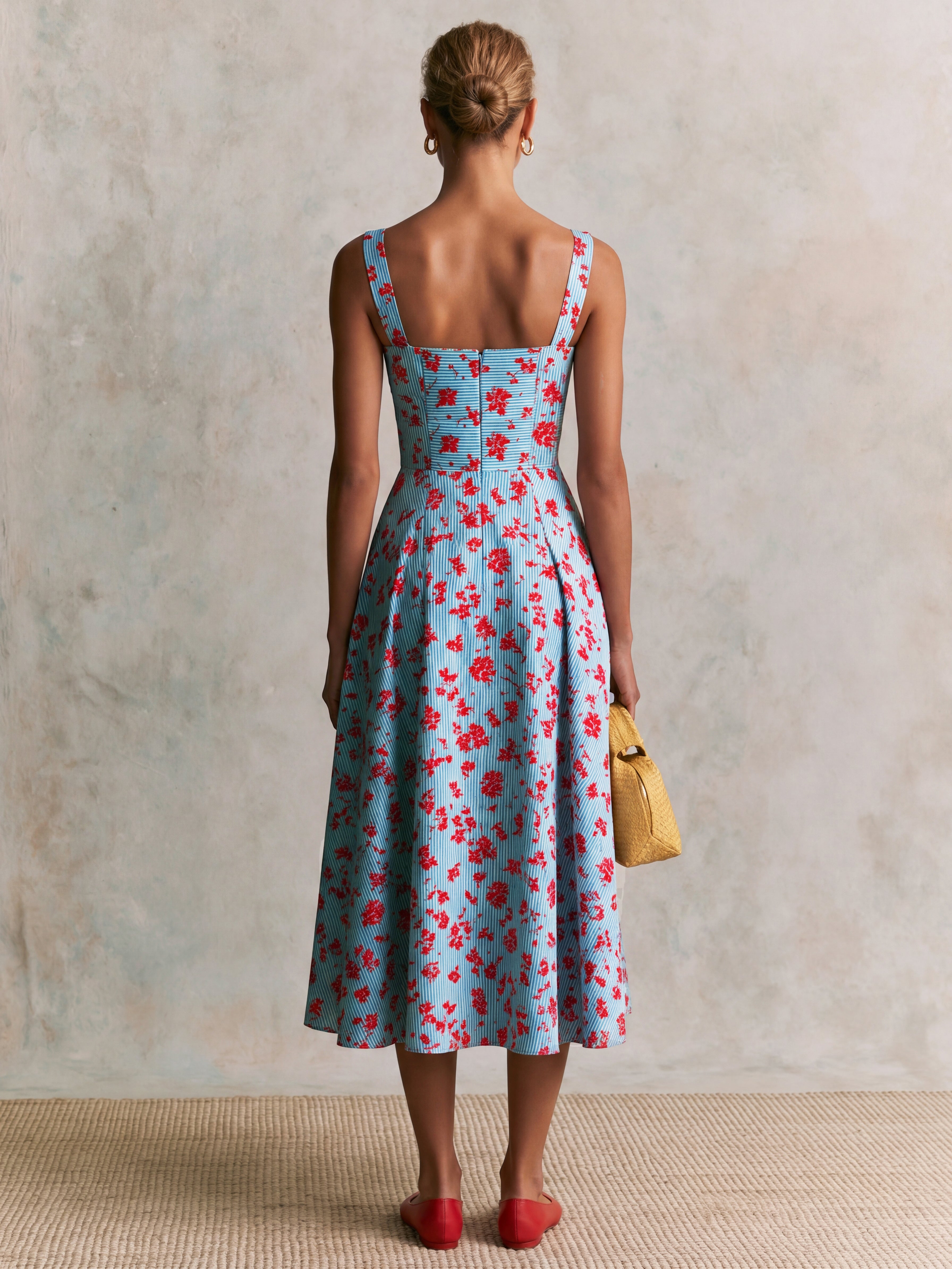 Liserie Sky Blue Square Neck Floral Stripe Midi Dress