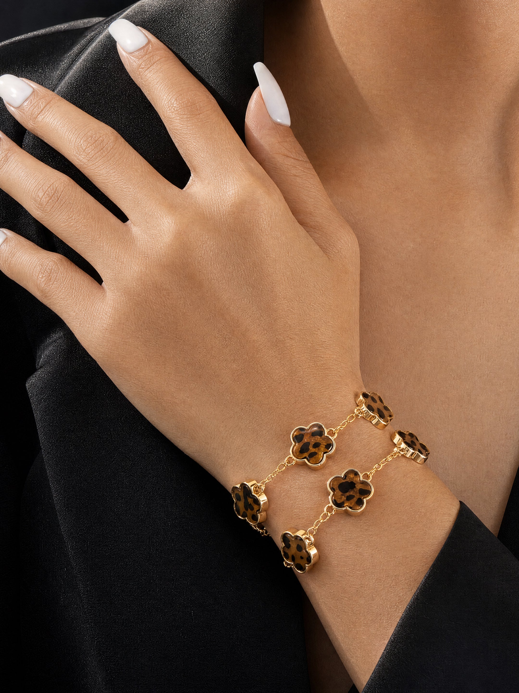 Vintage Clover Link Leopard‑Print Enamel Bracelet
